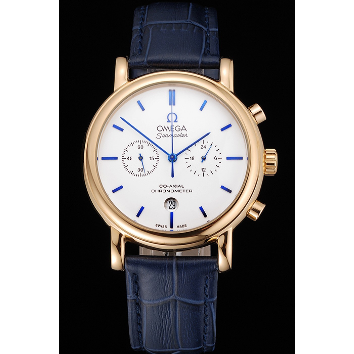 Omega Seamaster Vintage Chronograph White Dial Blue Hour Marks Gold Case Blue Leather Strap