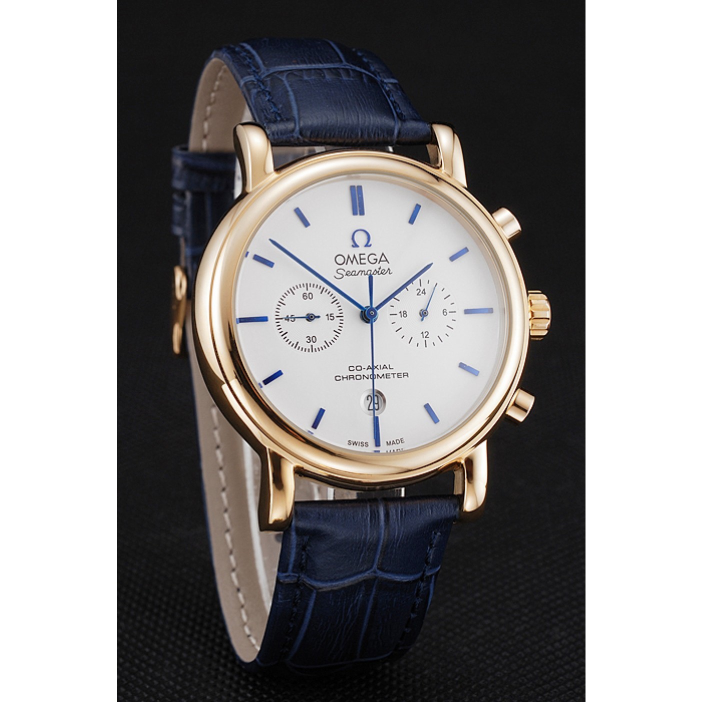 Omega Seamaster Vintage Chronograph White Dial Blue Hour Marks Gold Case Blue Leather Strap