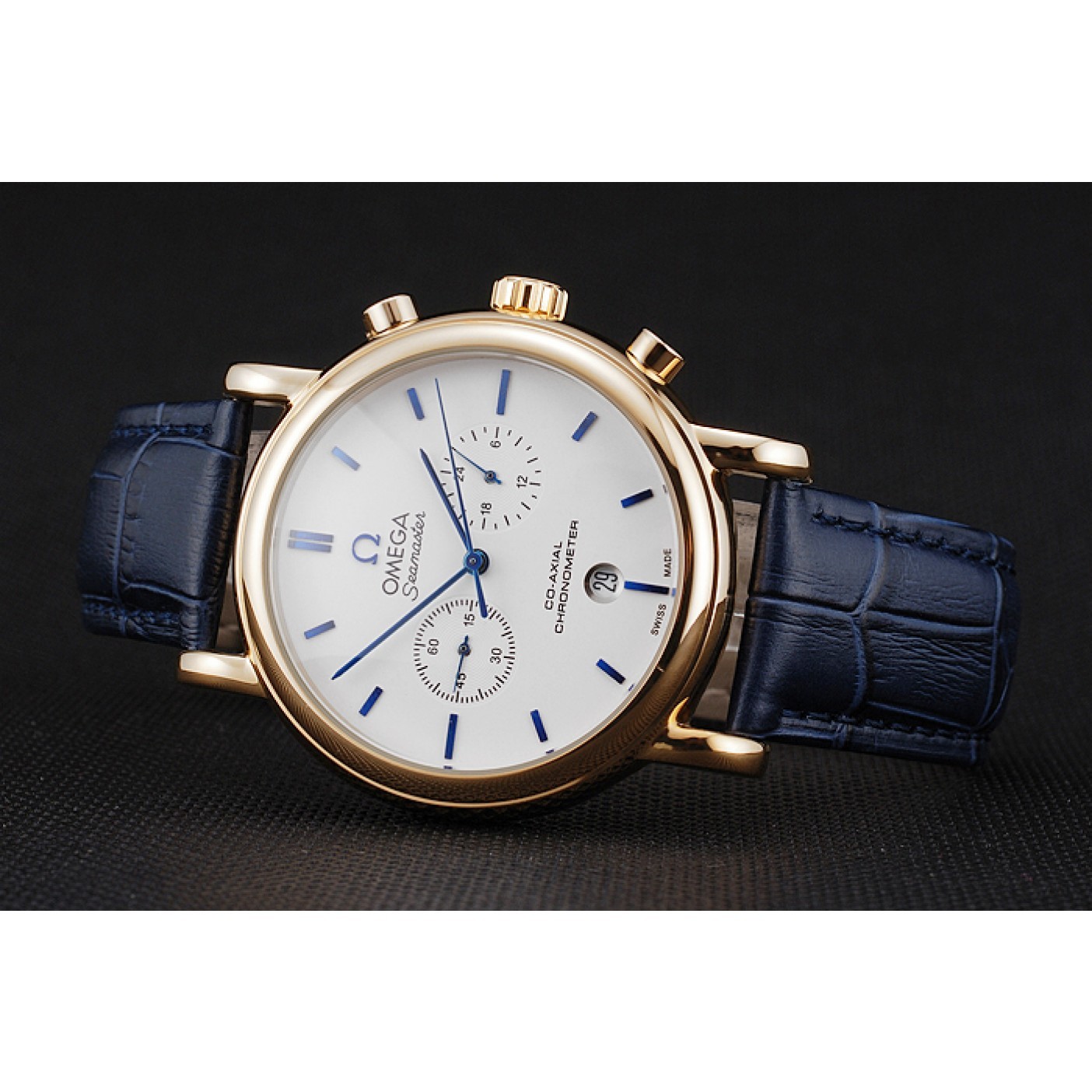 Omega Seamaster Vintage Chronograph White Dial Blue Hour Marks Gold Case Blue Leather Strap