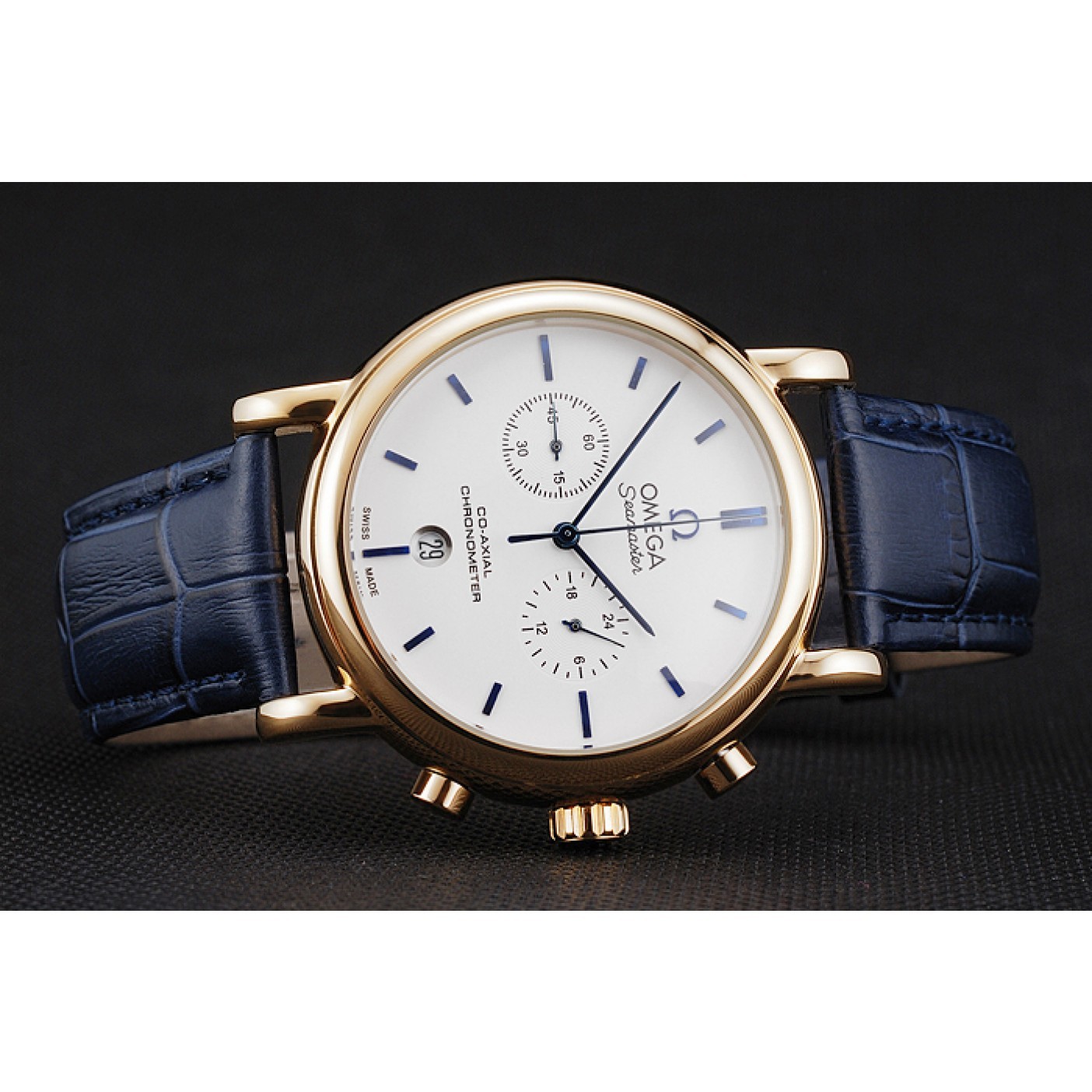 Omega Seamaster Vintage Chronograph White Dial Blue Hour Marks Gold Case Blue Leather Strap