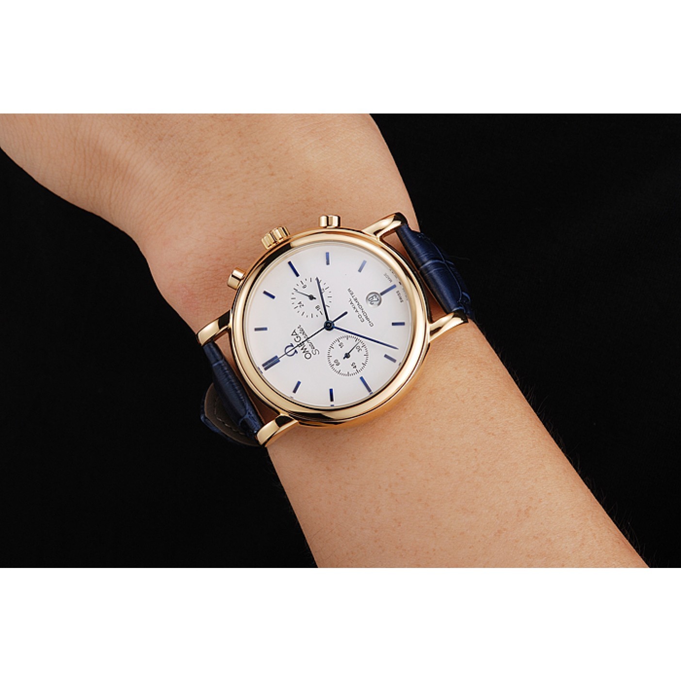 Omega Seamaster Vintage Chronograph White Dial Blue Hour Marks Gold Case Blue Leather Strap