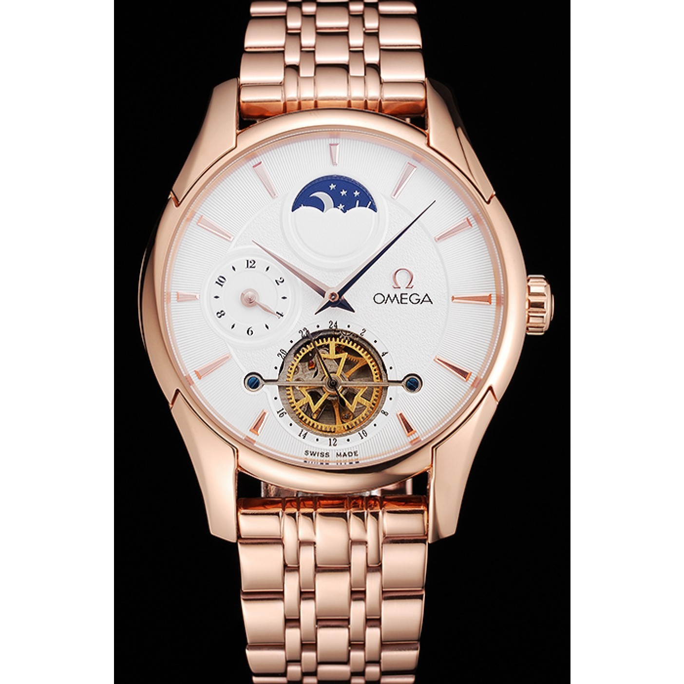 Omega De Ville Moonphase Tourbillon White Dial Rose Gold Case And Bracelet