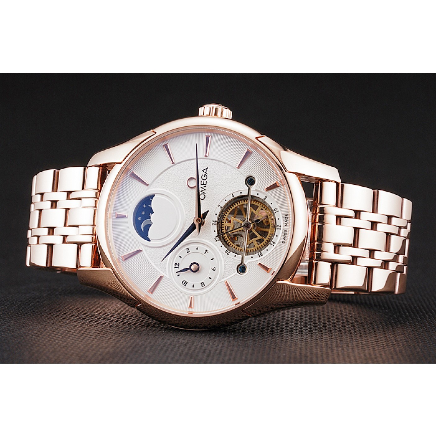 Omega De Ville Moonphase Tourbillon White Dial Rose Gold Case And Bracelet