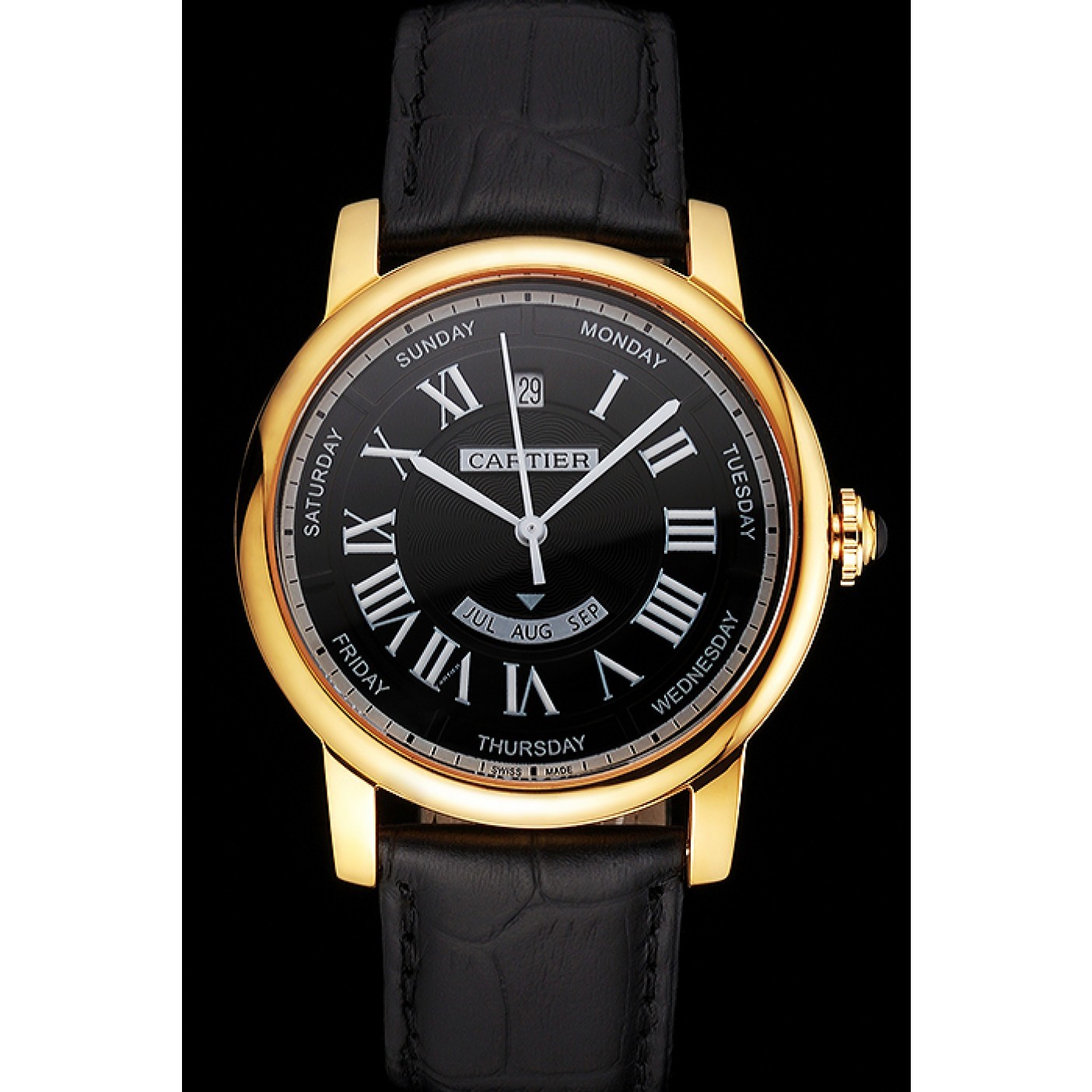 Swiss Cartier Rotonde Annual Calendar Black Dial Gold Case Black Leather Strap