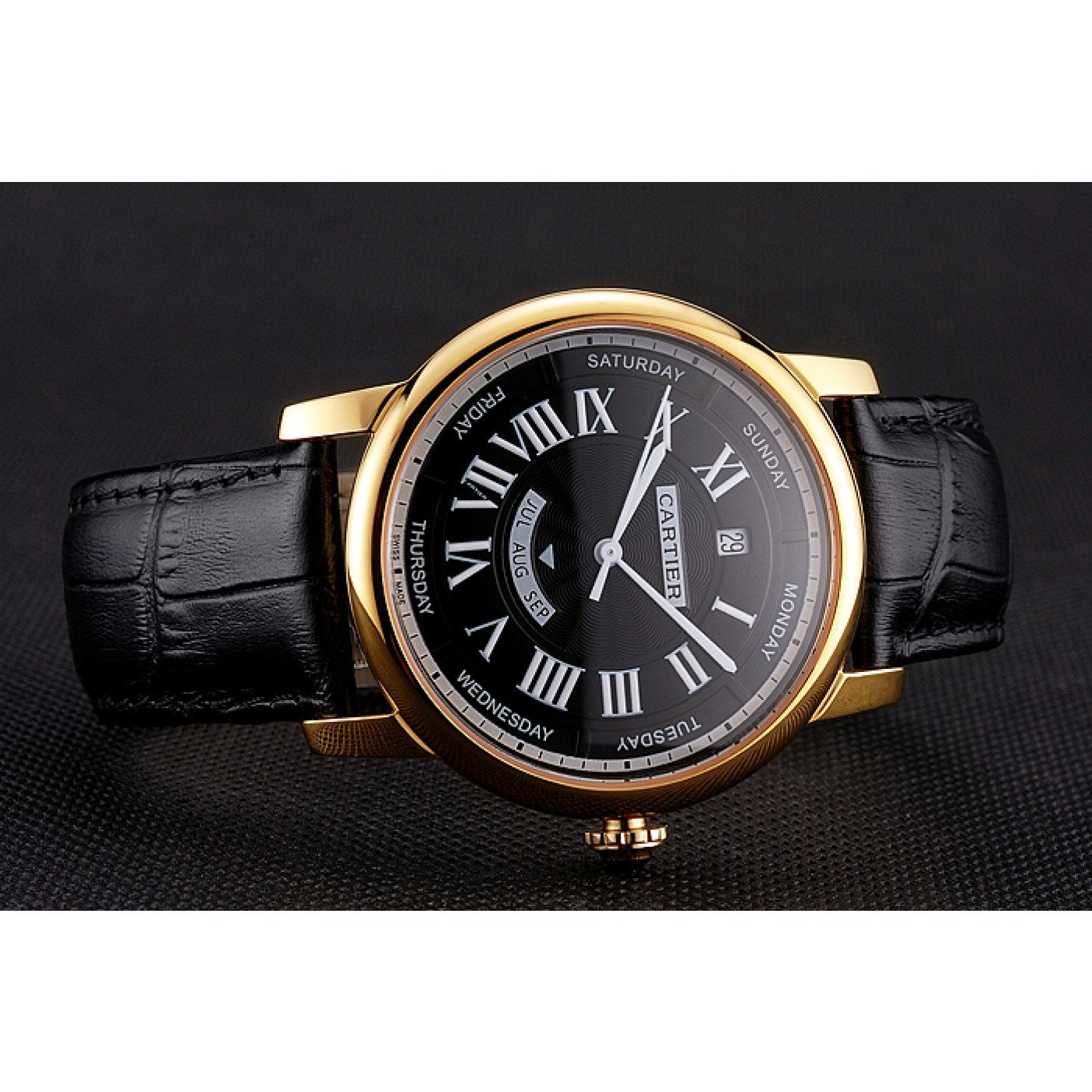 Swiss Cartier Rotonde Annual Calendar Black Dial Gold Case Black Leather Strap