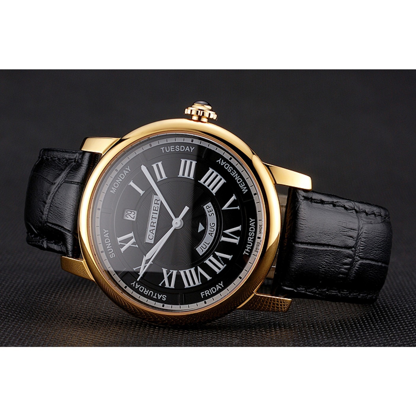 Swiss Cartier Rotonde Annual Calendar Black Dial Gold Case Black Leather Strap