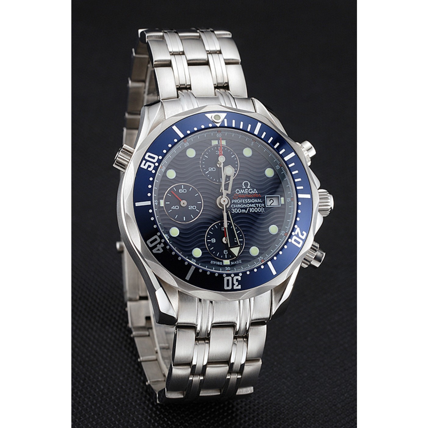 Swiss Omega Seamaster Chronograph 300m Blue Dial Blue Bezel Stainless Steel Case And Bracelet