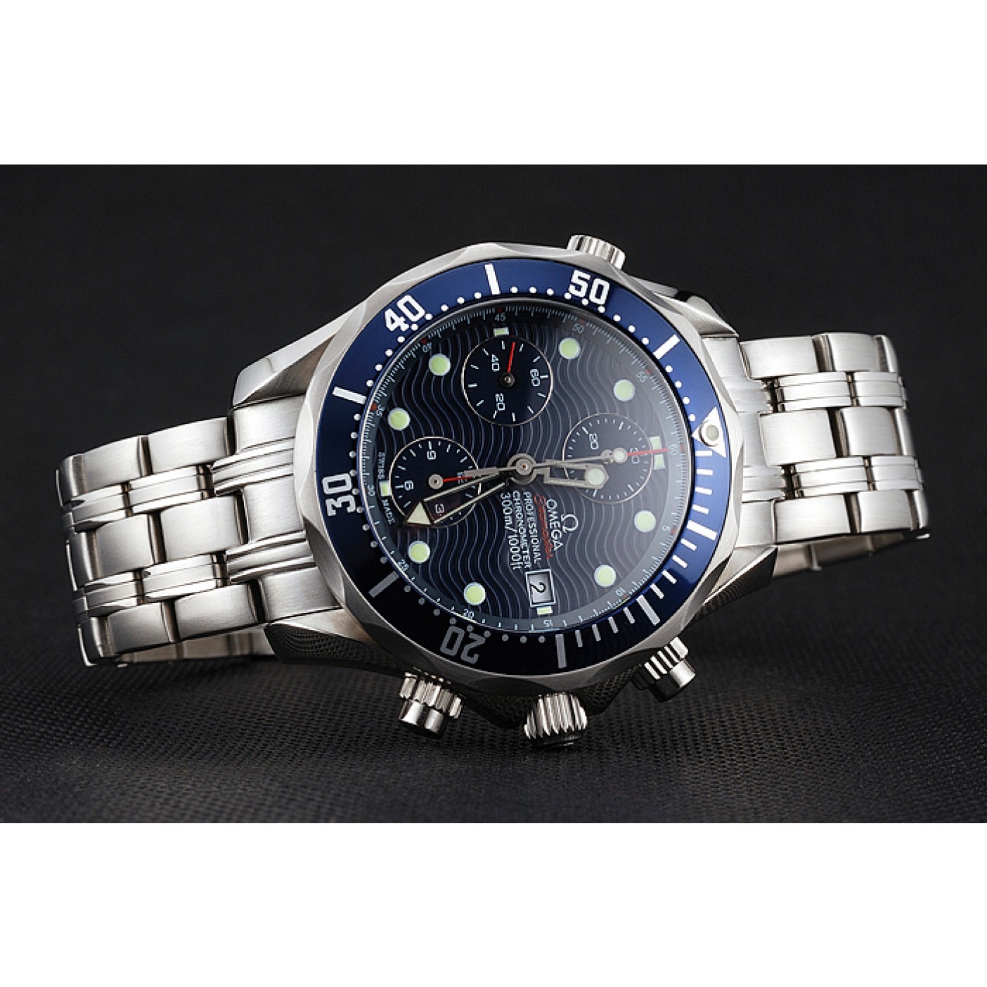 Swiss Omega Seamaster Chronograph 300m Blue Dial Blue Bezel Stainless Steel Case And Bracelet