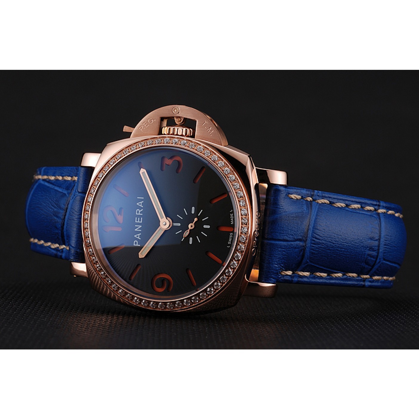 Panerai Radiomir Black Dial Diamond Bezel Rose Gold Case Blue Leather Strap 1453800