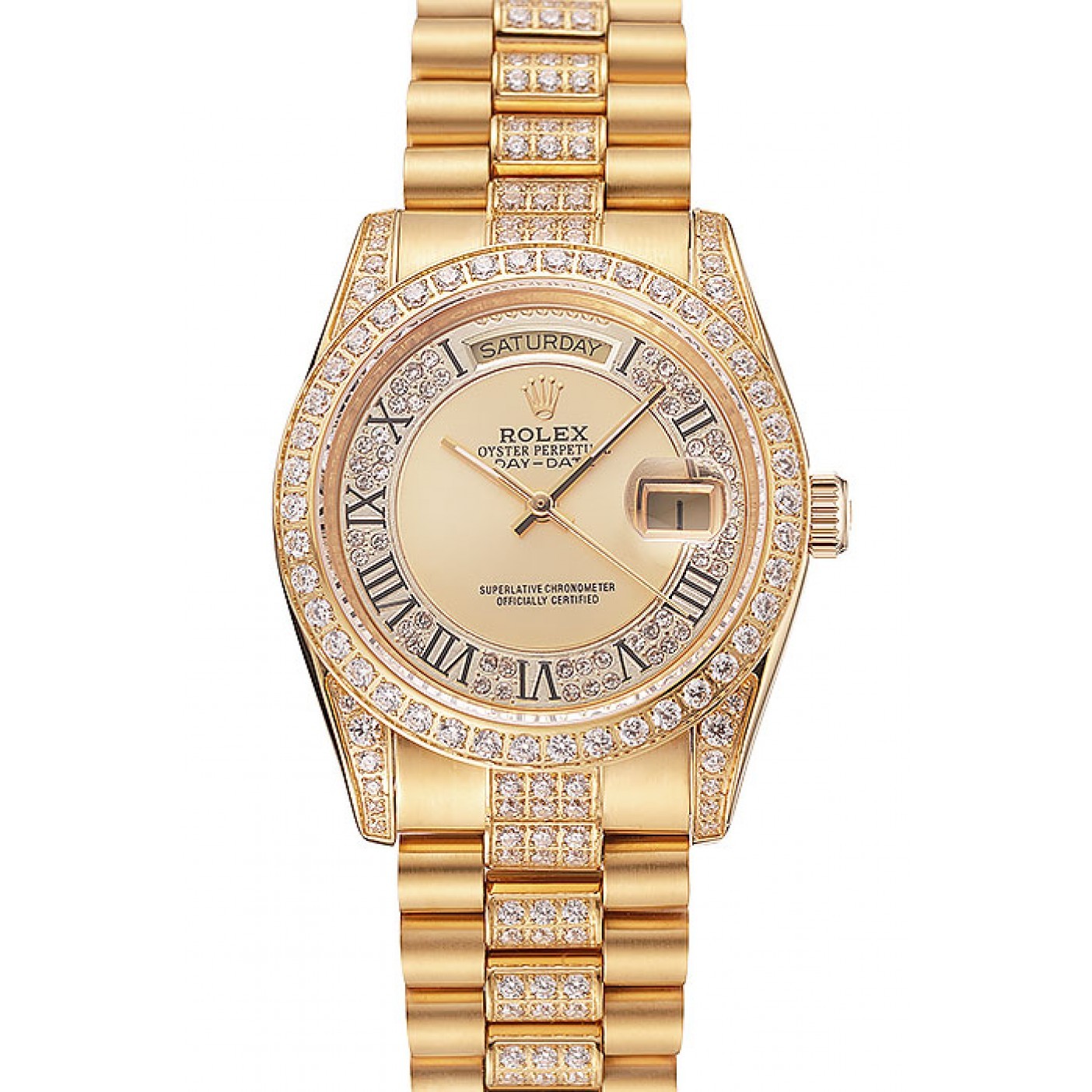 RepTime Watches Swiss Rolex Day-Date Diamond Pave Gold Dial Gold Diamond Bracelet 1453954