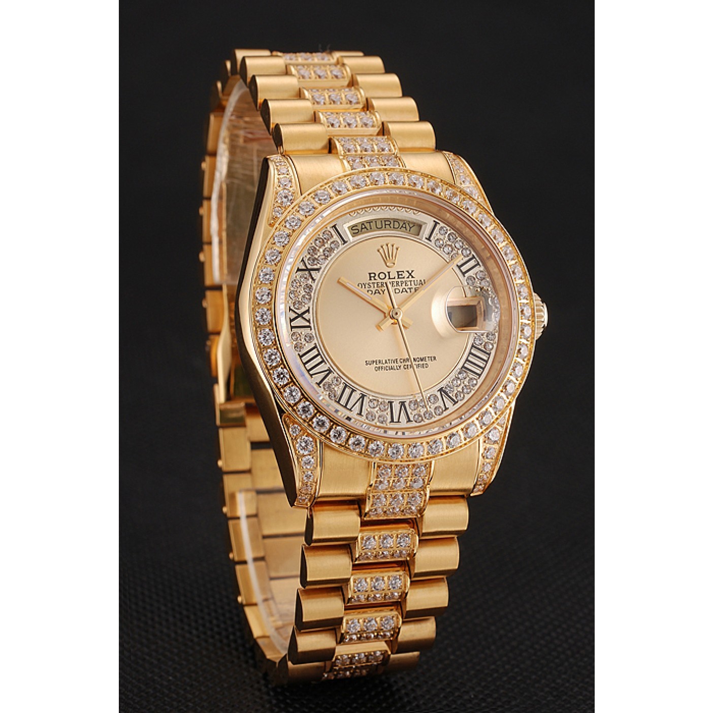 RepTime Watches Swiss Rolex Day-Date Diamond Pave Gold Dial Gold Diamond Bracelet 1453954