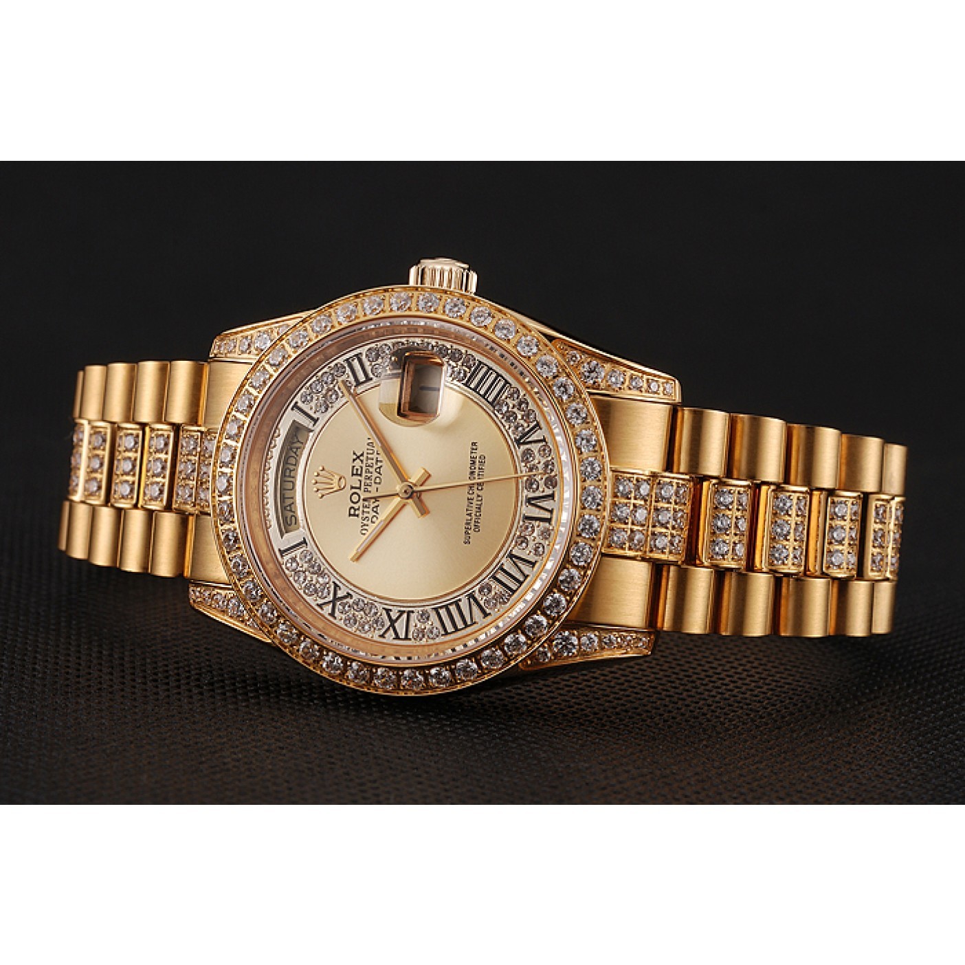 RepTime Watches Swiss Rolex Day-Date Diamond Pave Gold Dial Gold Diamond Bracelet 1453954