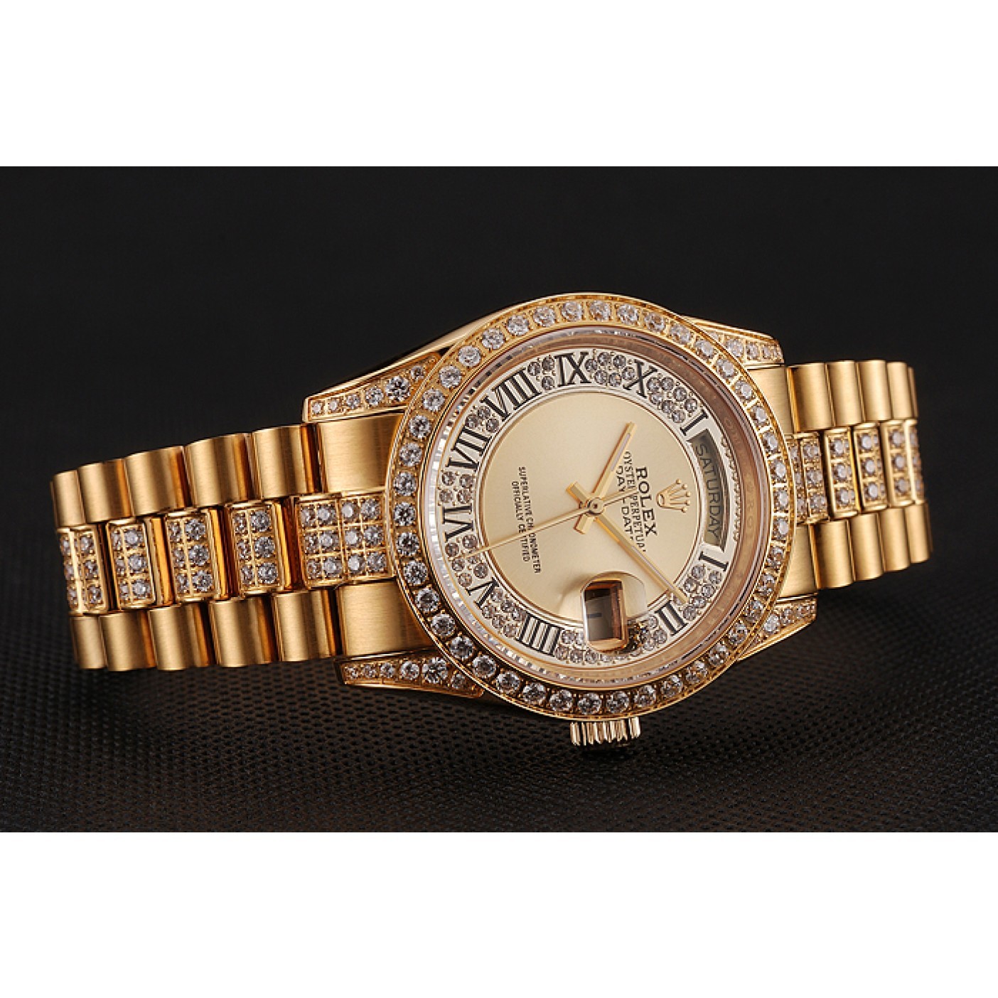 Swiss Rolex Day-Date Diamond Pave Gold Dial Gold Diamond Bracelet 1453954