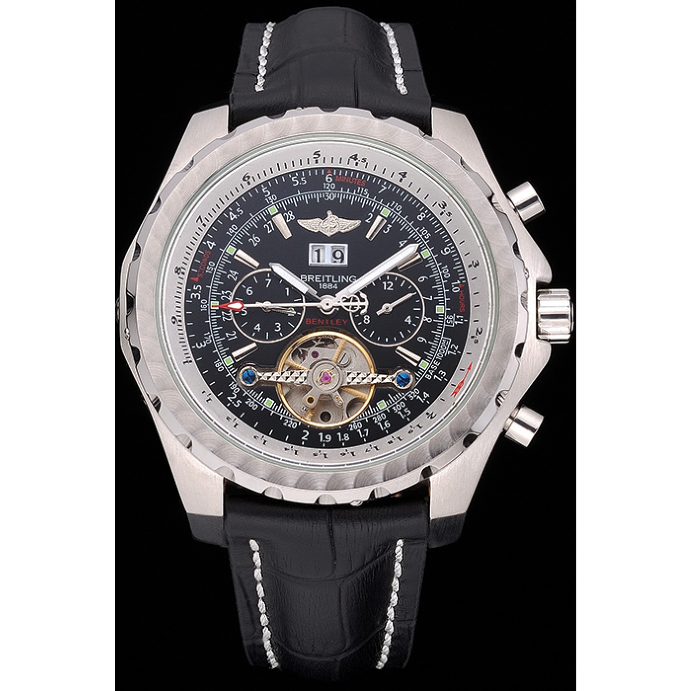 Breitling Bentley Mulliner Tourbillon Black Dial Stainless Steel Case Black Leather Strap 622728