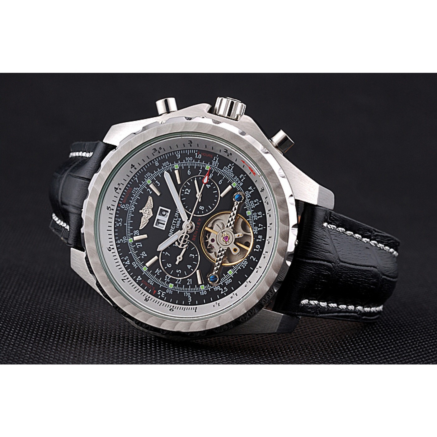 Breitling Bentley Mulliner Tourbillon Black Dial Stainless Steel Case Black Leather Strap 622728