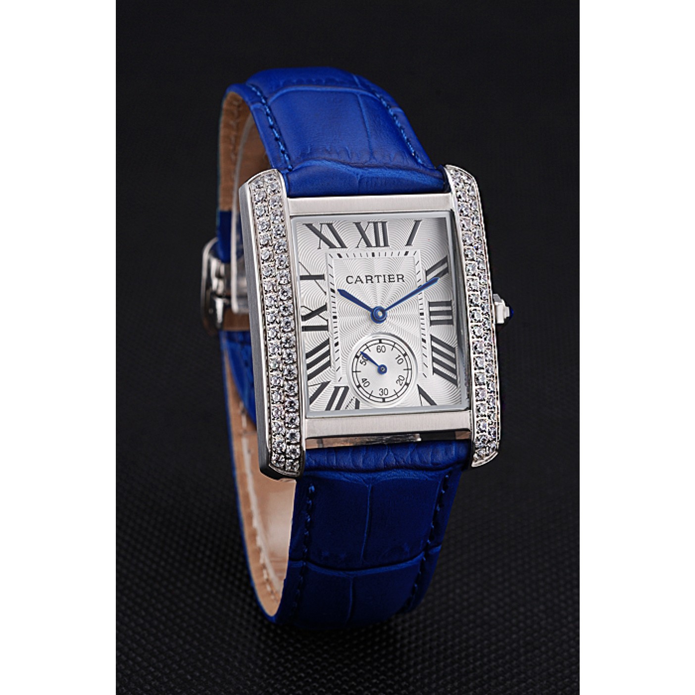 Cartier Tank MC Stainless Steel Diamond Case White Dial Blue Leather Strap 622172