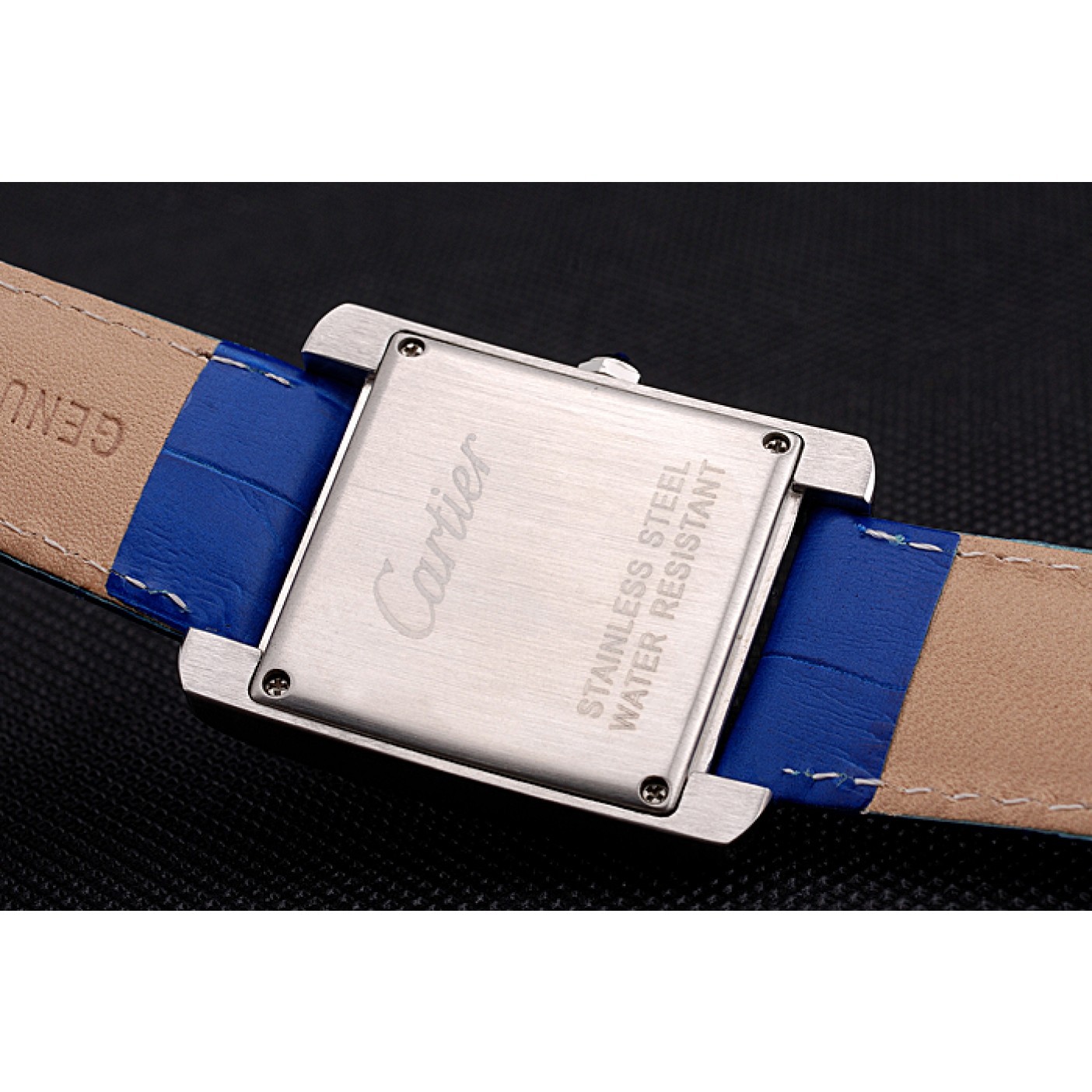 Cartier Tank MC Stainless Steel Diamond Case White Dial Blue Leather Strap 622172