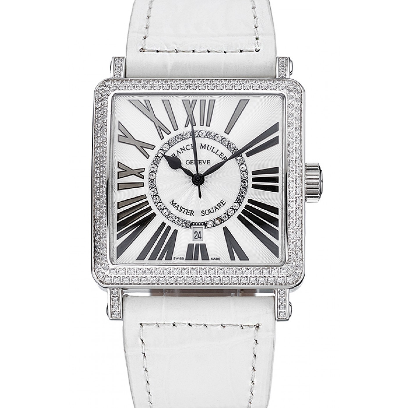 Franck Muller Master Square Diamond Encrusted Stainless Steel Bezel White Croco Bracelet 80284