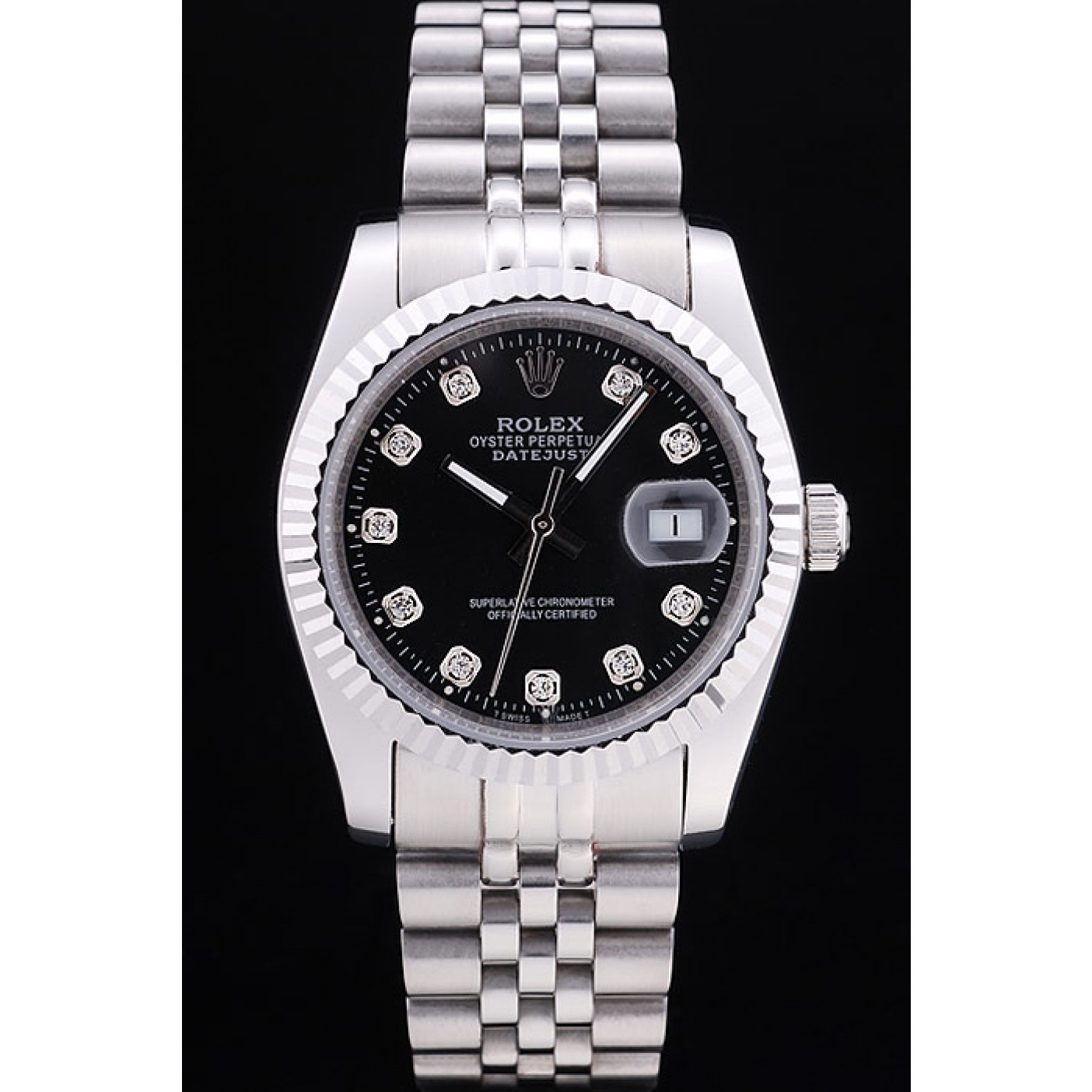 RepTime Watches Rolex Datejust Black Dial Diamonds Ribbed Bezel 7458