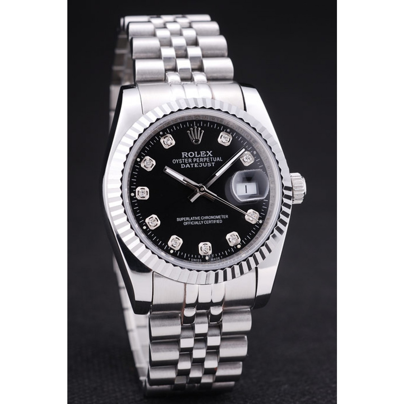 Rolex Datejust Black Dial Diamonds Ribbed Bezel 7458