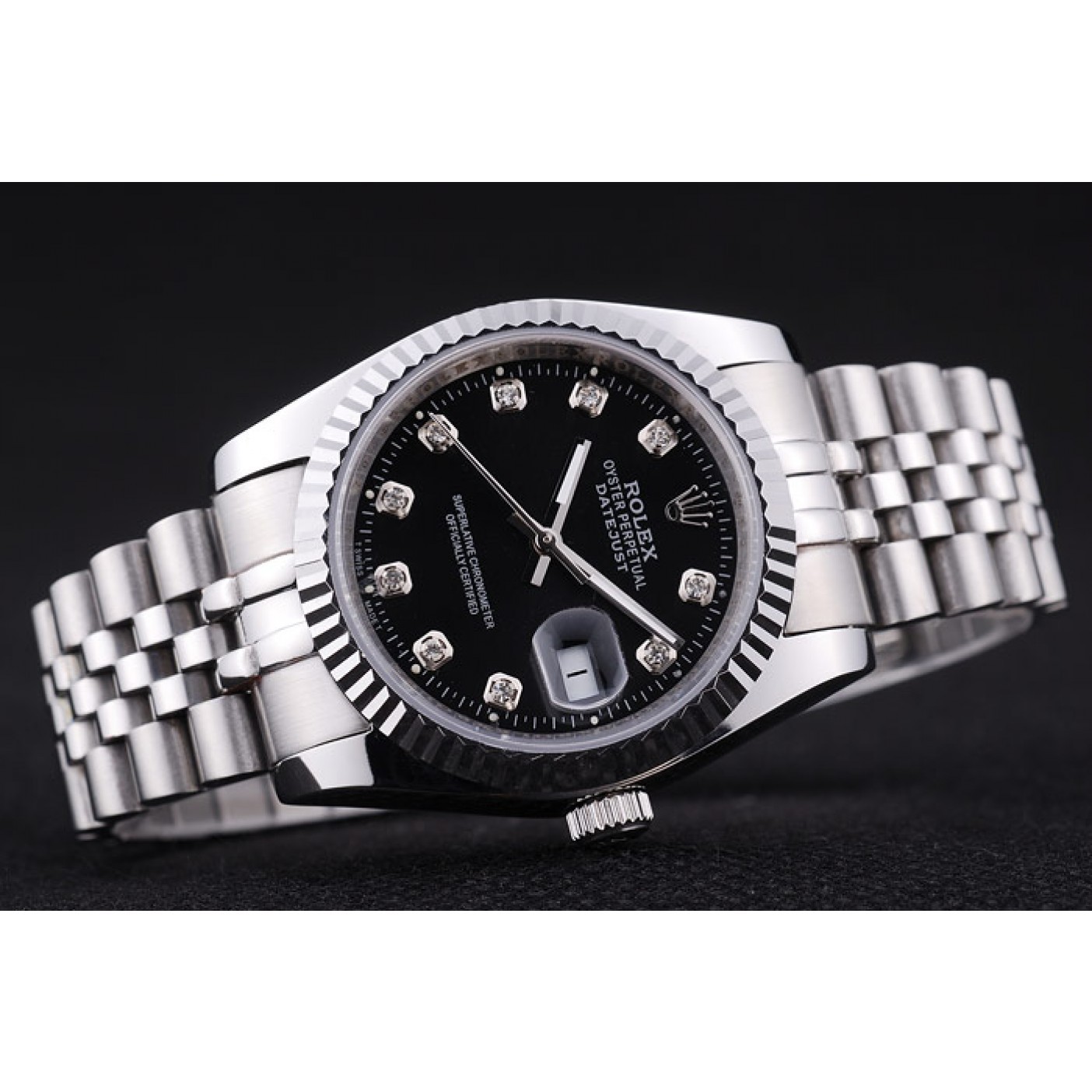 Rolex Datejust Black Dial Diamonds Ribbed Bezel 7458