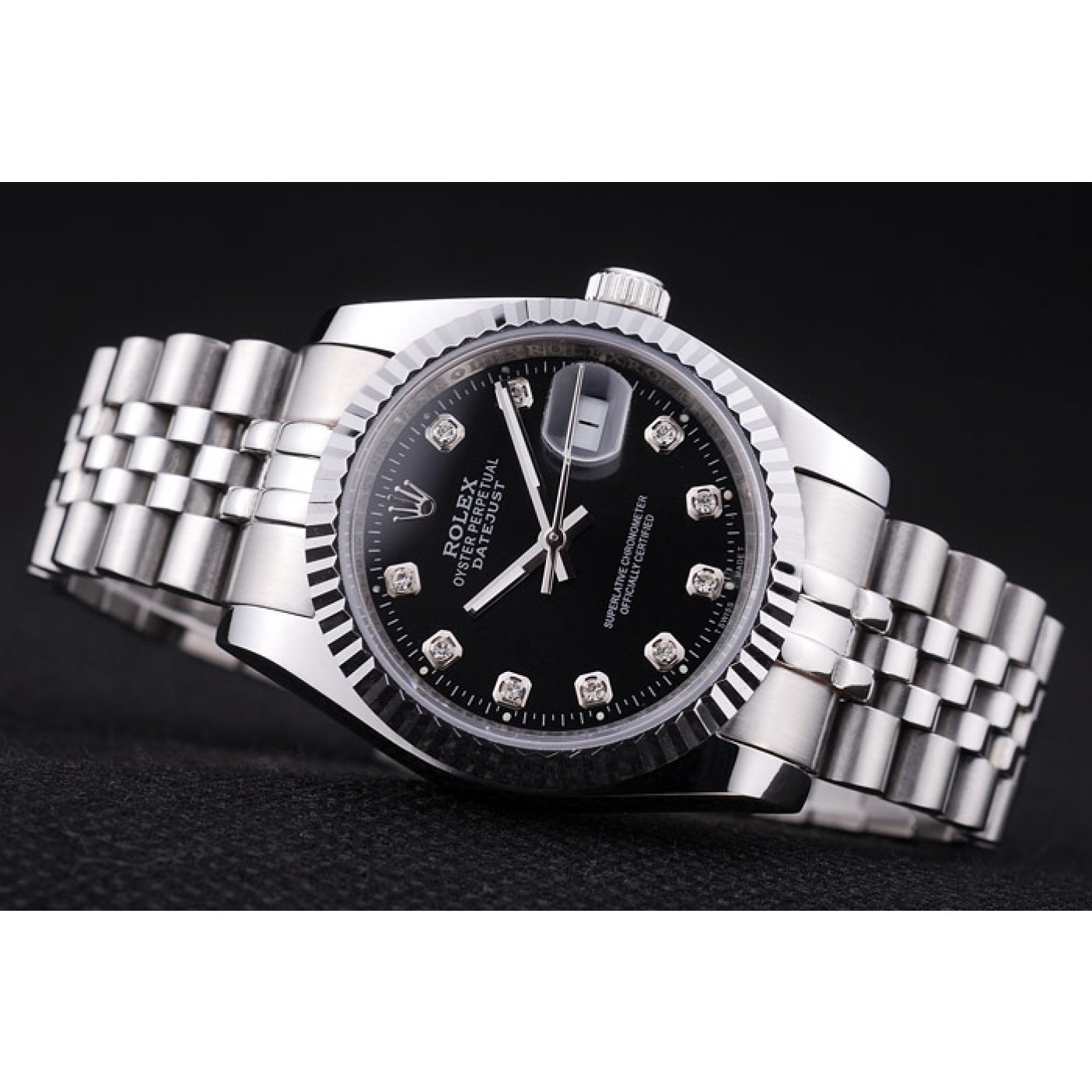 RepTime Watches Rolex Datejust Black Dial Diamonds Ribbed Bezel 7458