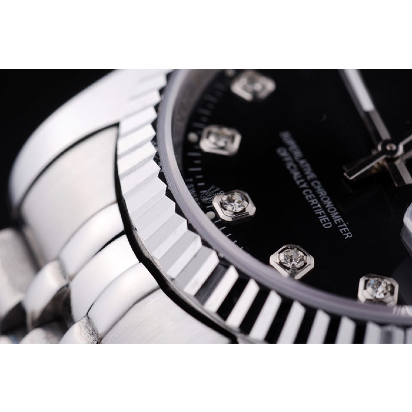 Rolex Datejust Black Dial Diamonds Ribbed Bezel 7458