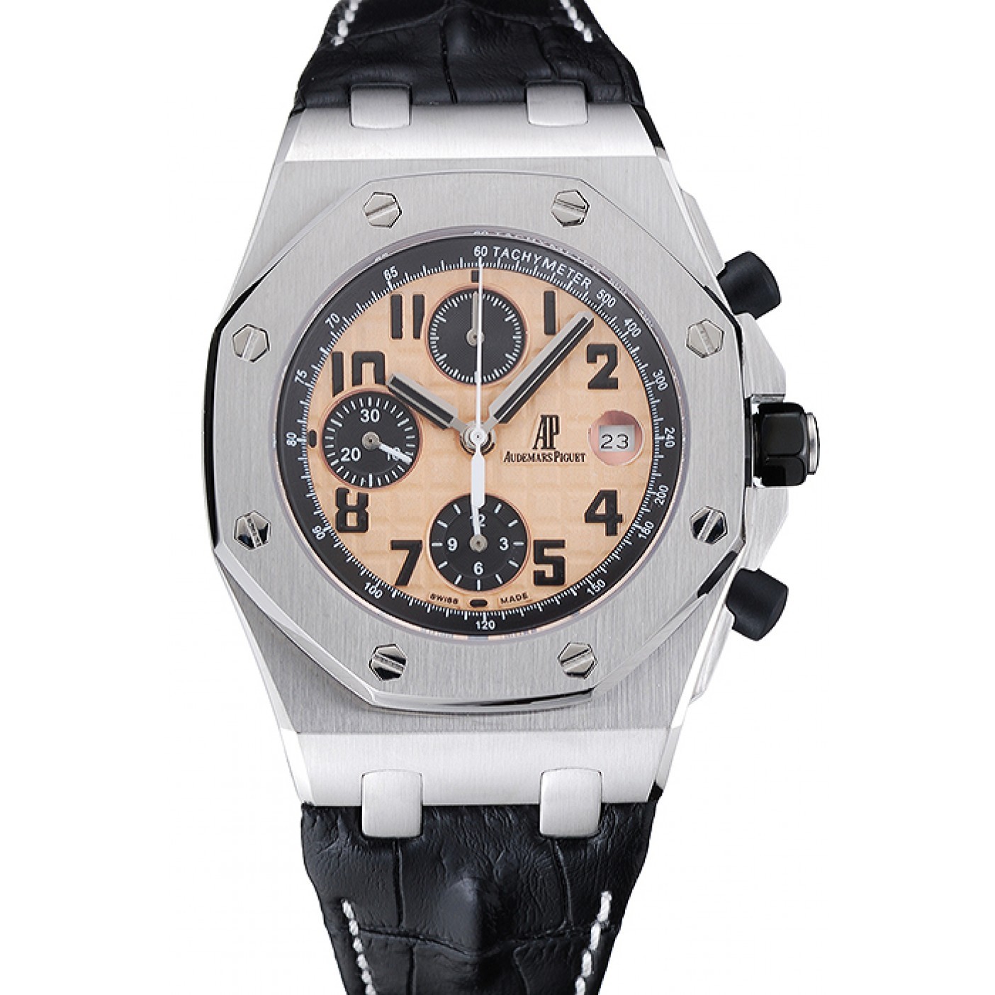 Swiss Audemars Piguet Royal Oak Offshore Gold Dial Stainless Steel Case Black Leather Strap 622849