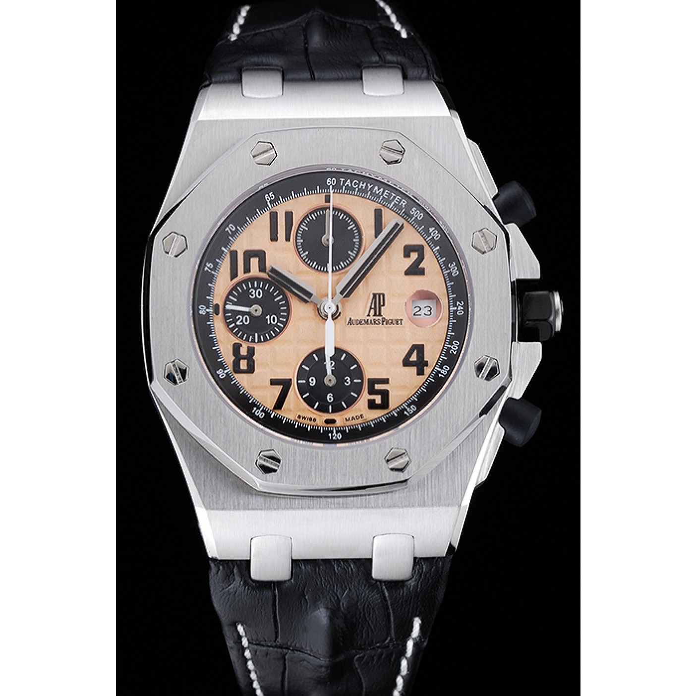 Swiss Audemars Piguet Royal Oak Offshore Gold Dial Stainless Steel Case Black Leather Strap 622849