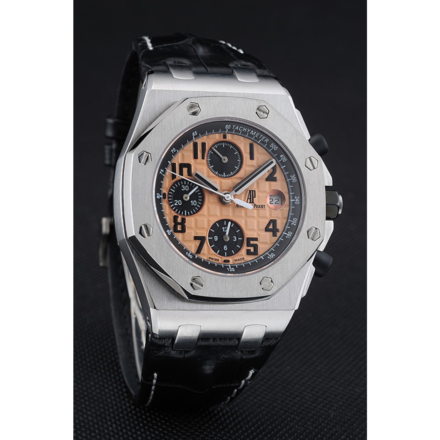 Swiss Audemars Piguet Royal Oak Offshore Gold Dial Stainless Steel Case Black Leather Strap 622849