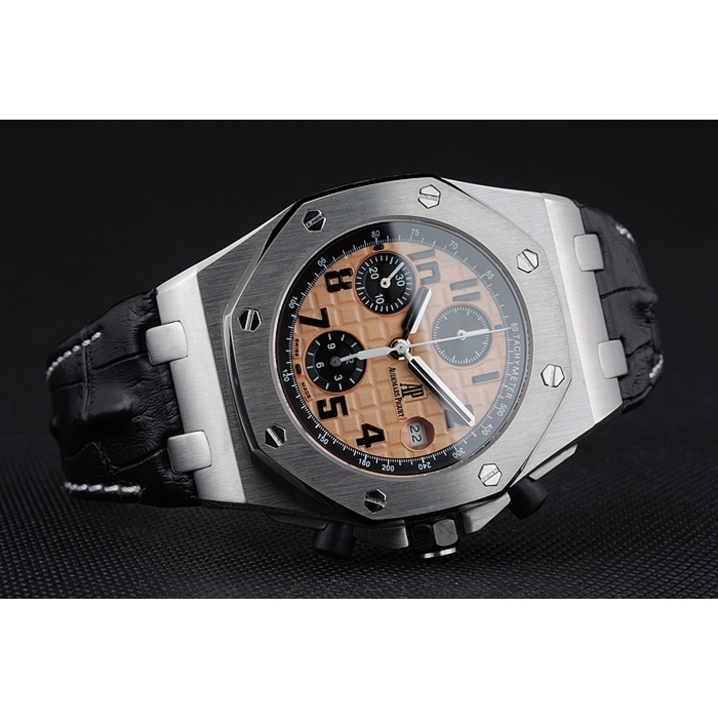 Swiss Audemars Piguet Royal Oak Offshore Gold Dial Stainless Steel Case Black Leather Strap 622849