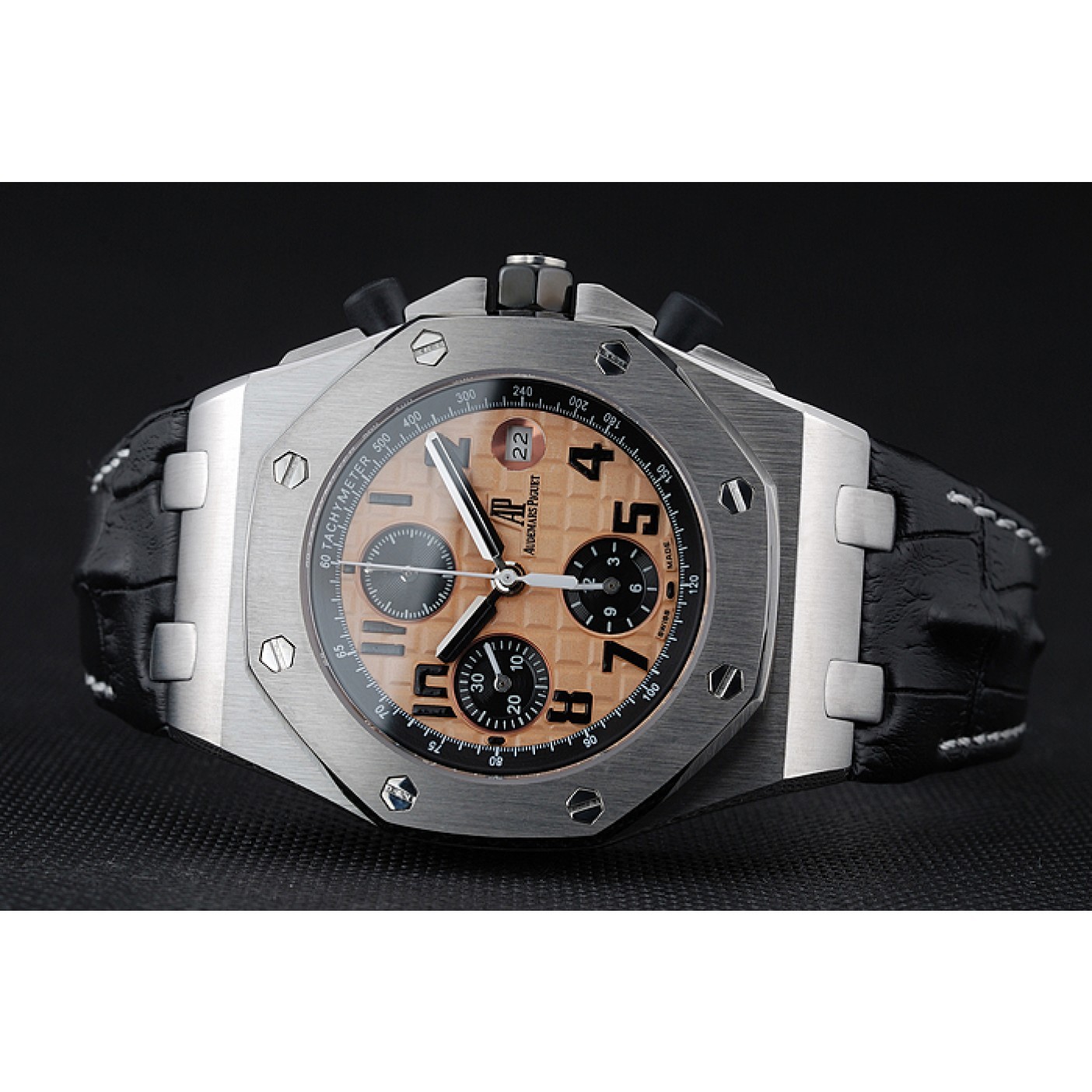 Swiss Audemars Piguet Royal Oak Offshore Gold Dial Stainless Steel Case Black Leather Strap 622849