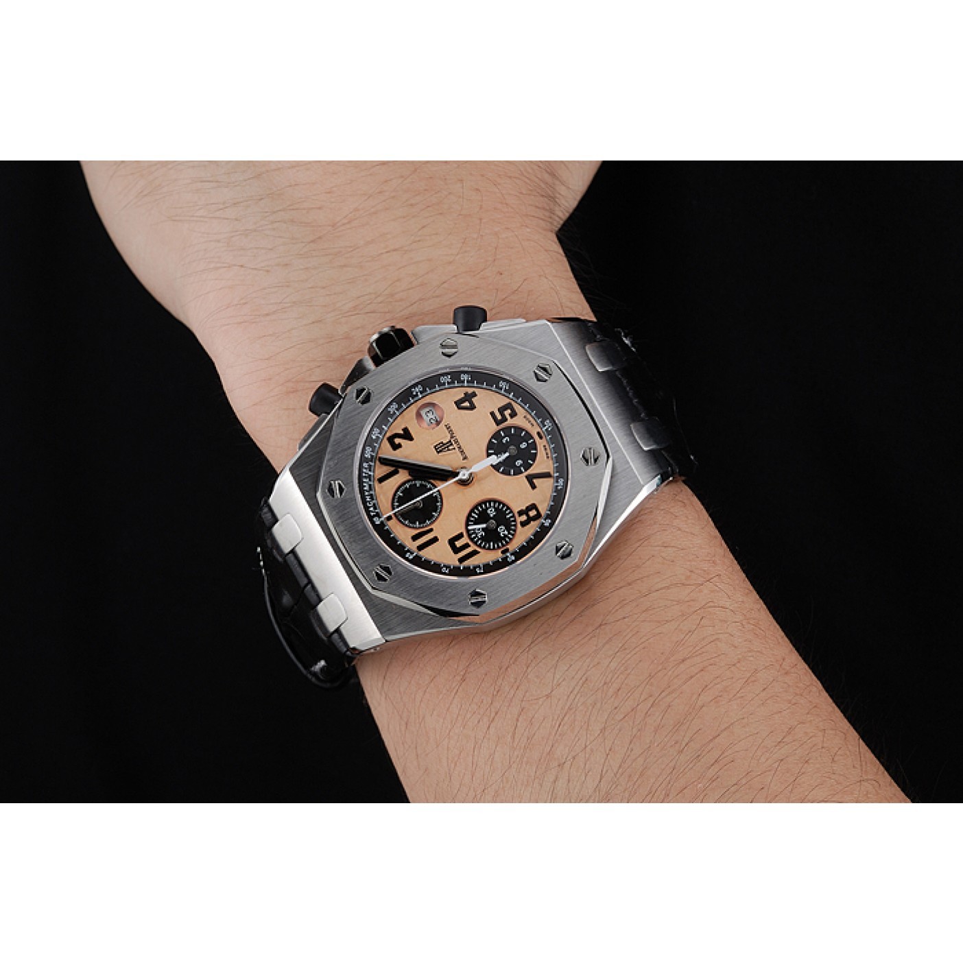 Swiss Audemars Piguet Royal Oak Offshore Gold Dial Stainless Steel Case Black Leather Strap 622849