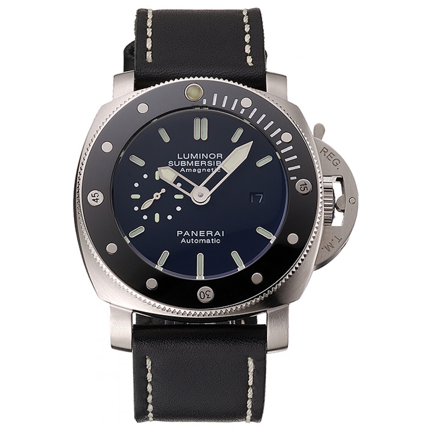 Panerai Luminor Submersible Black Dial Stainless Steel Case Black Bezel Black Leather Strap