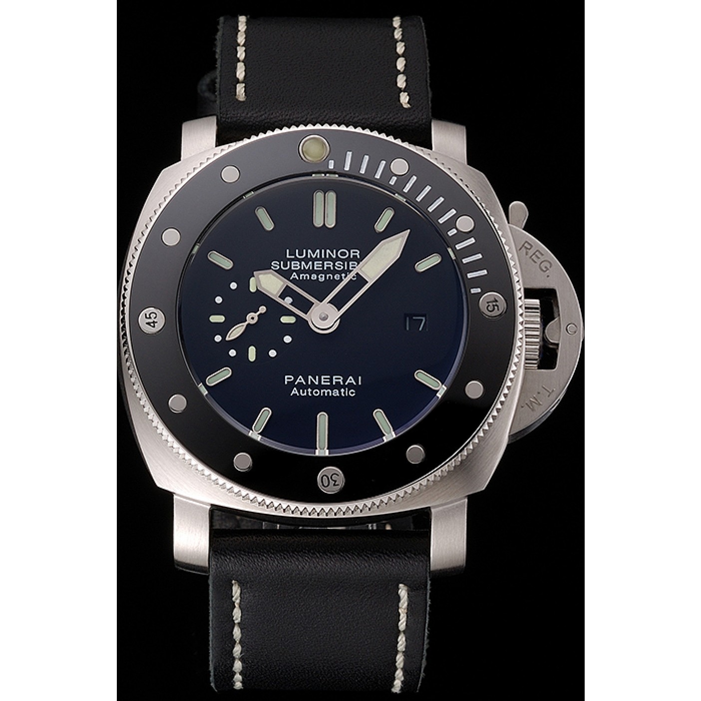 Panerai Luminor Submersible Black Dial Stainless Steel Case Black Bezel Black Leather Strap