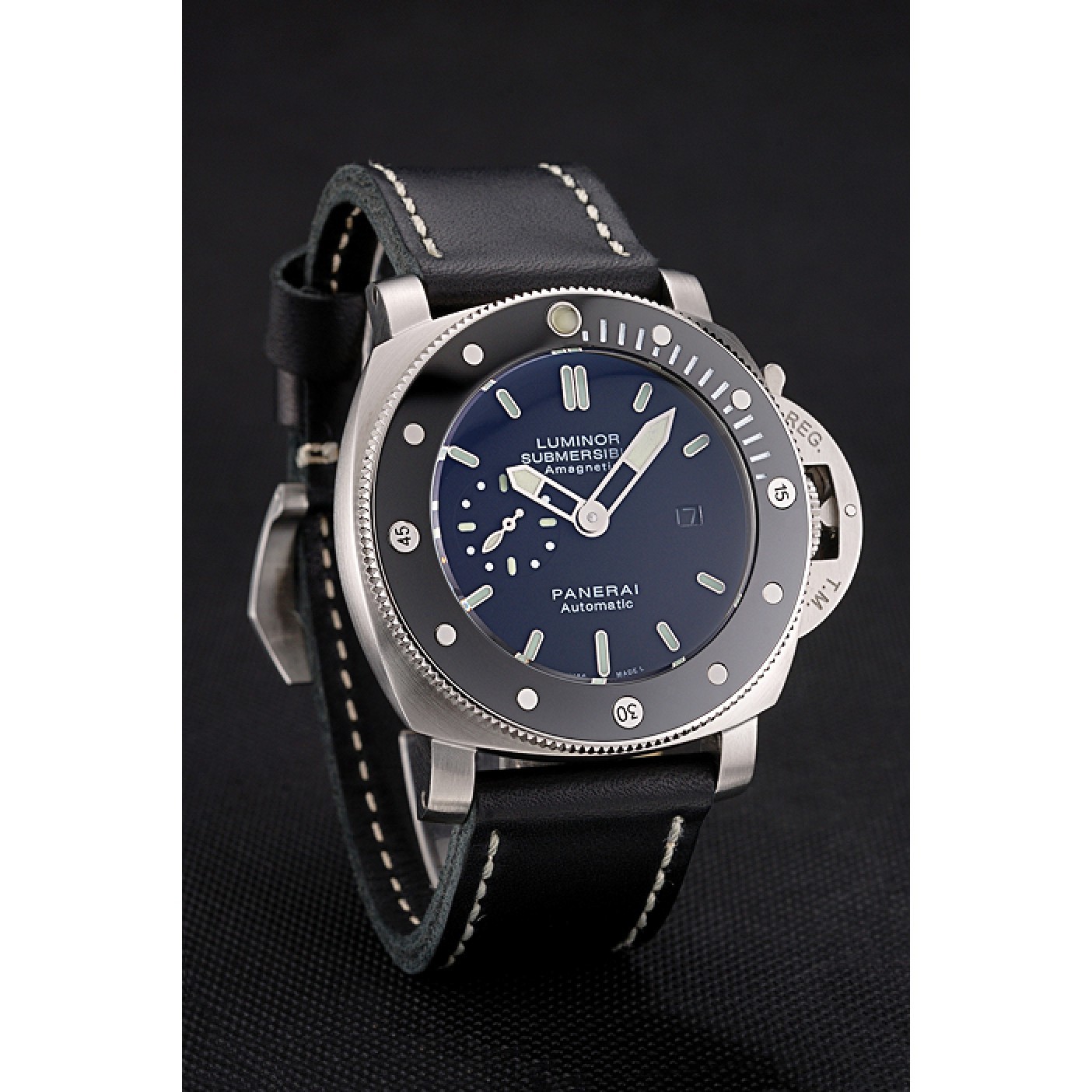 Panerai Luminor Submersible Black Dial Stainless Steel Case Black Bezel Black Leather Strap