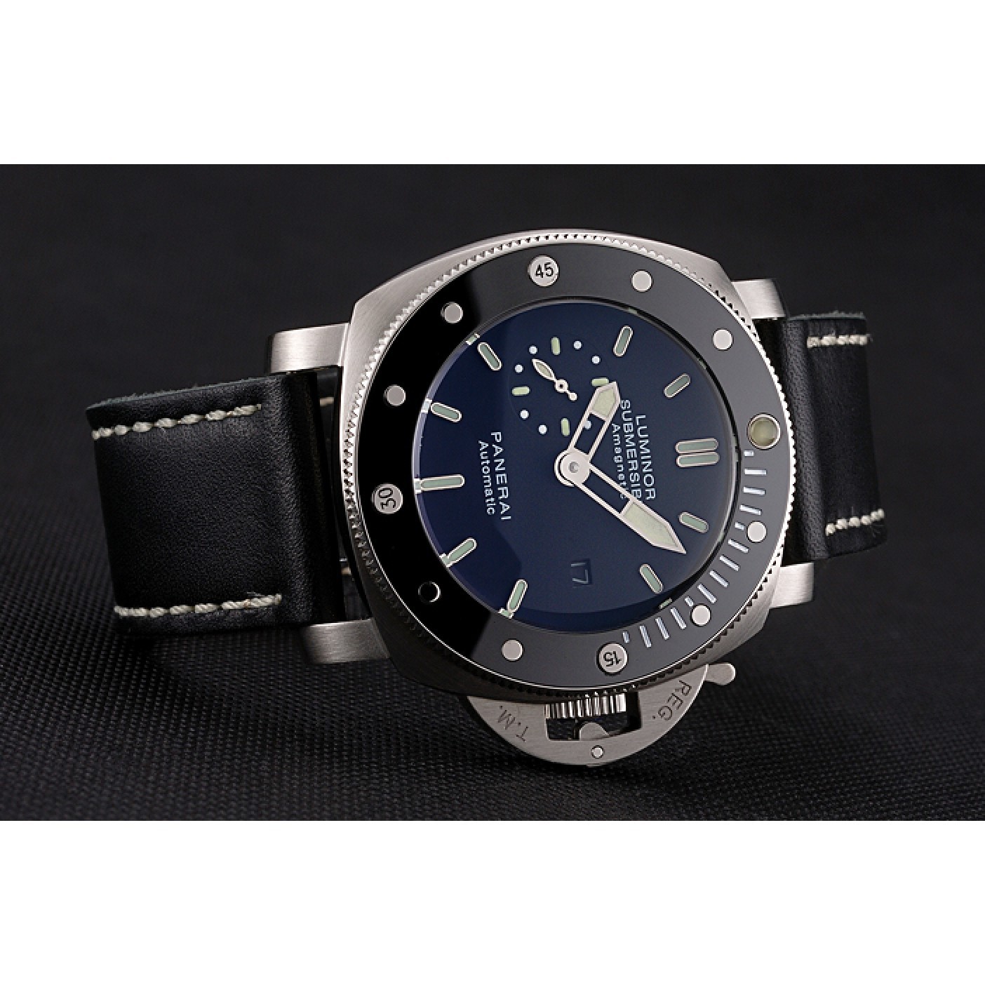 Panerai Luminor Submersible Black Dial Stainless Steel Case Black Bezel Black Leather Strap