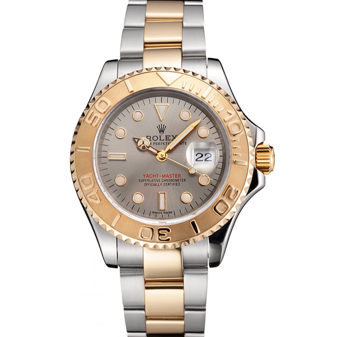 RepTime Watches Swiss Rolex Yacht-Master Gray Dial Gold Bezel Stainless Steel Case Two Tone Dial