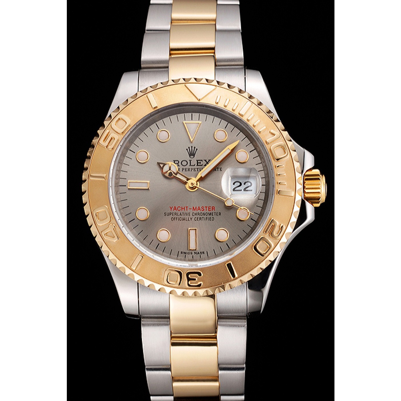 Swiss Rolex Yacht-Master Gray Dial Gold Bezel Stainless Steel Case Two Tone Dial