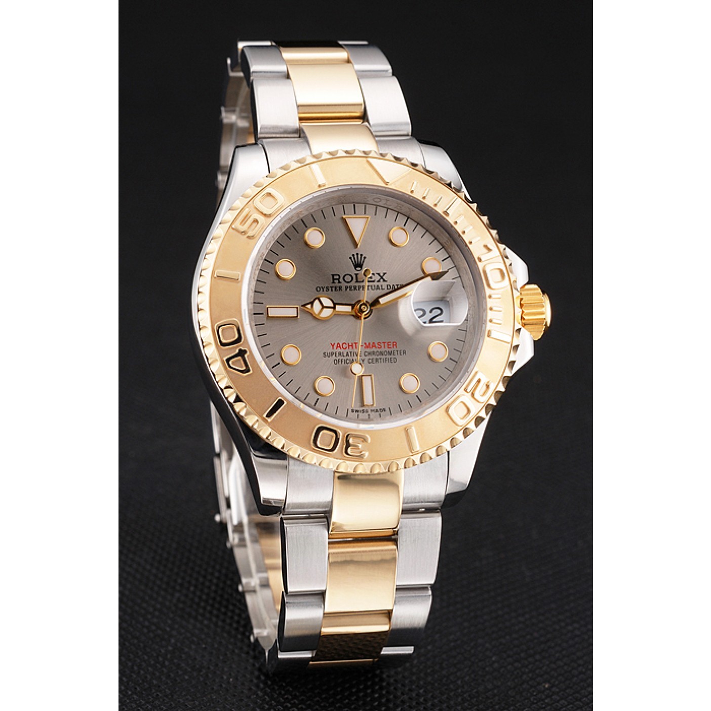 Swiss Rolex Yacht-Master Gray Dial Gold Bezel Stainless Steel Case Two Tone Dial