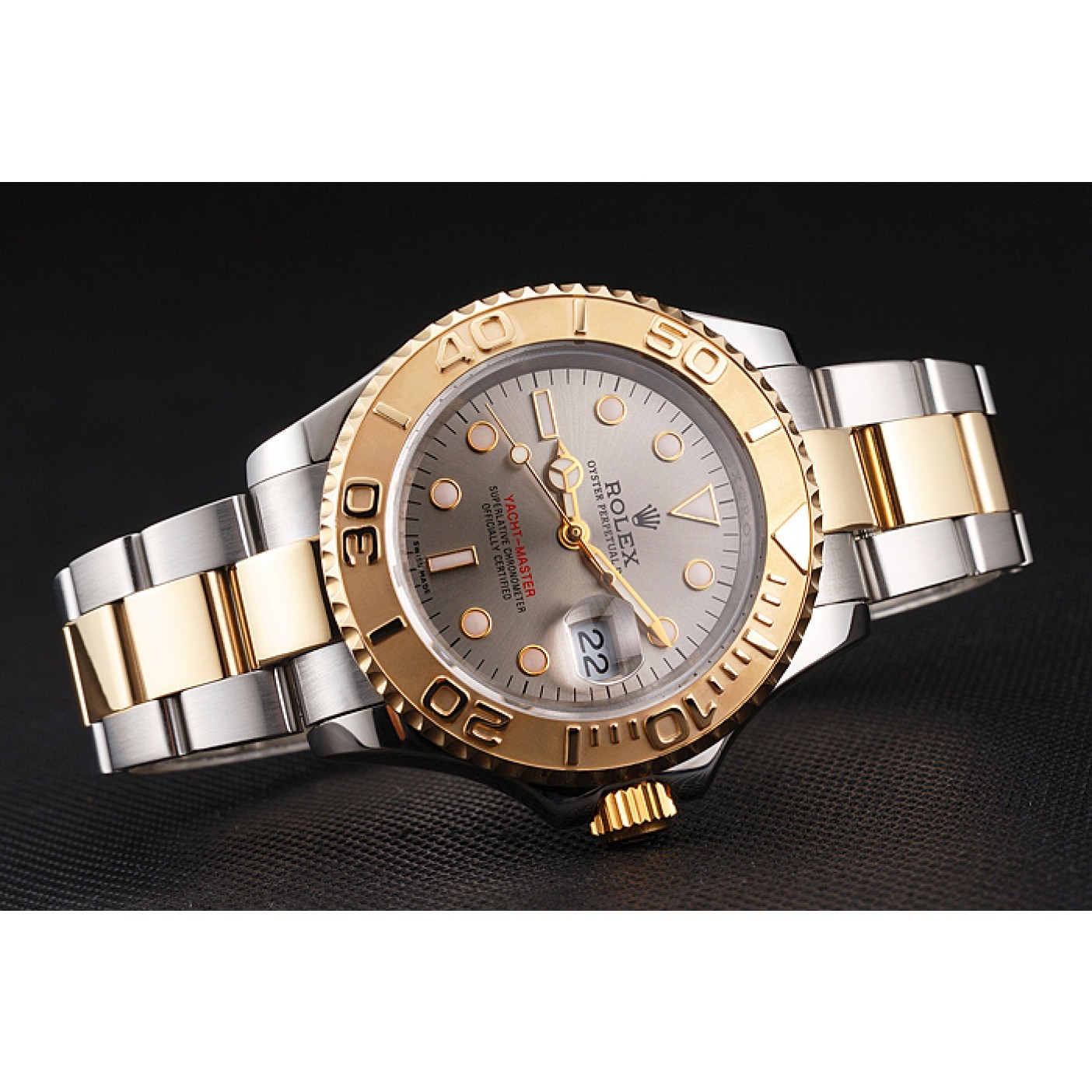 RepTime Watches Swiss Rolex Yacht-Master Gray Dial Gold Bezel Stainless Steel Case Two Tone Dial