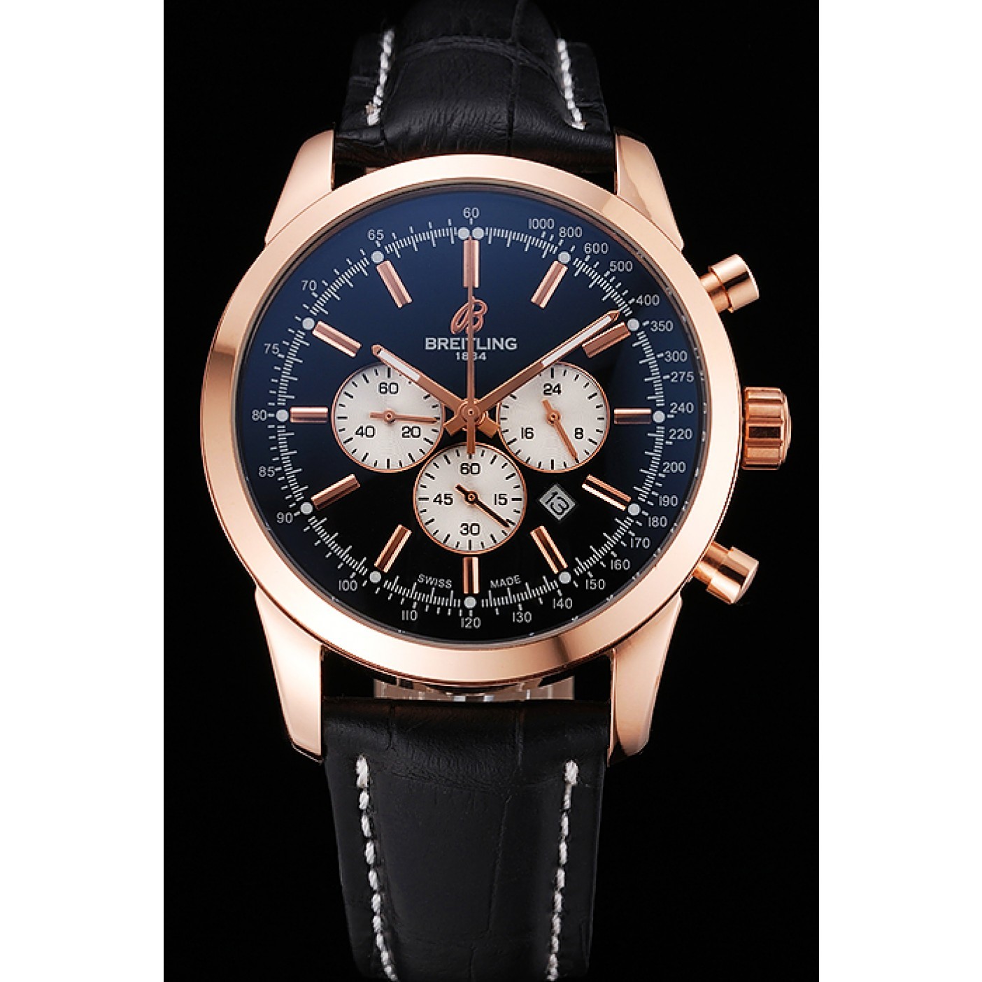 Breitling Transocean Black Dial Black Leather Strap Rose Gold Bezel 98204