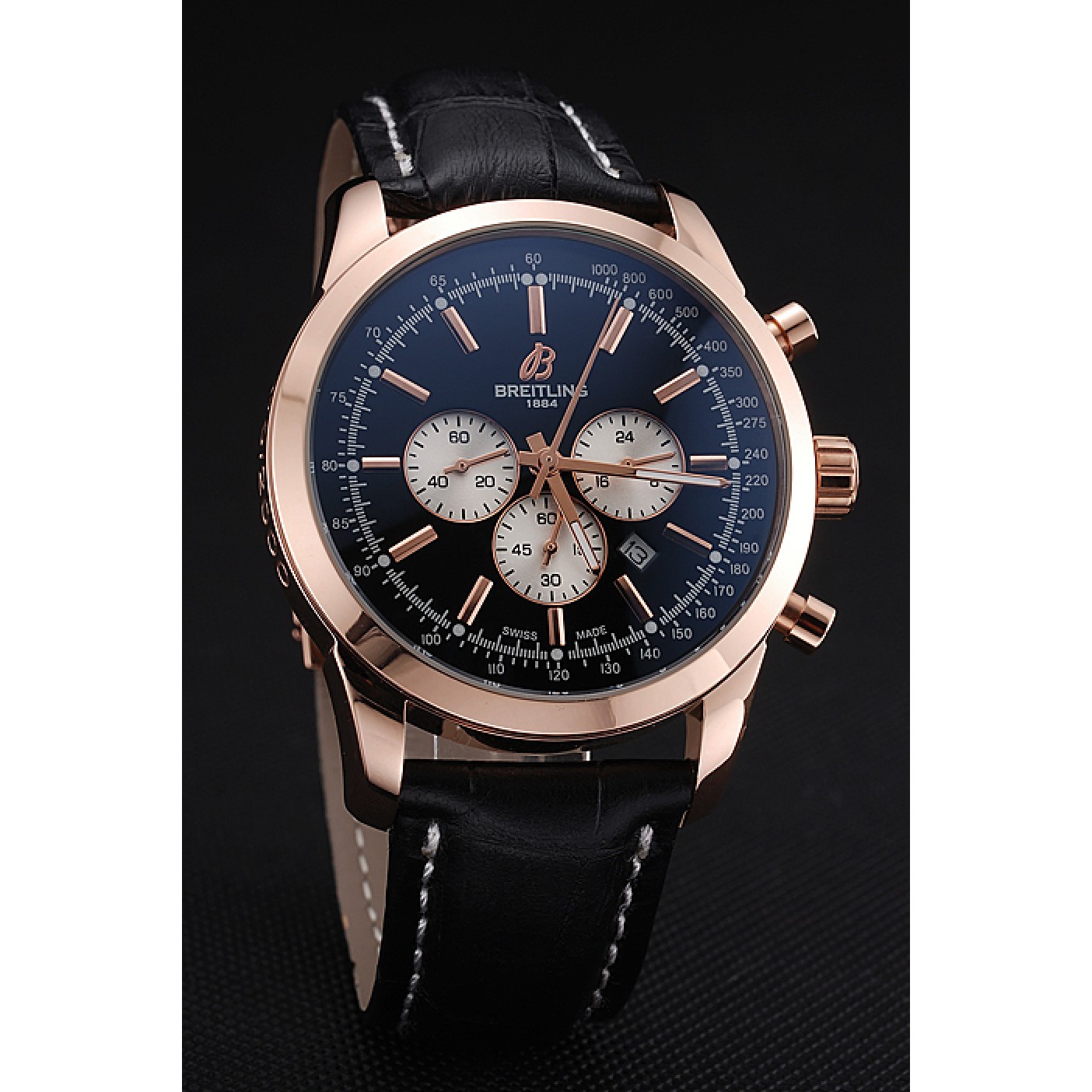 Breitling Transocean Black Dial Black Leather Strap Rose Gold Bezel 98204