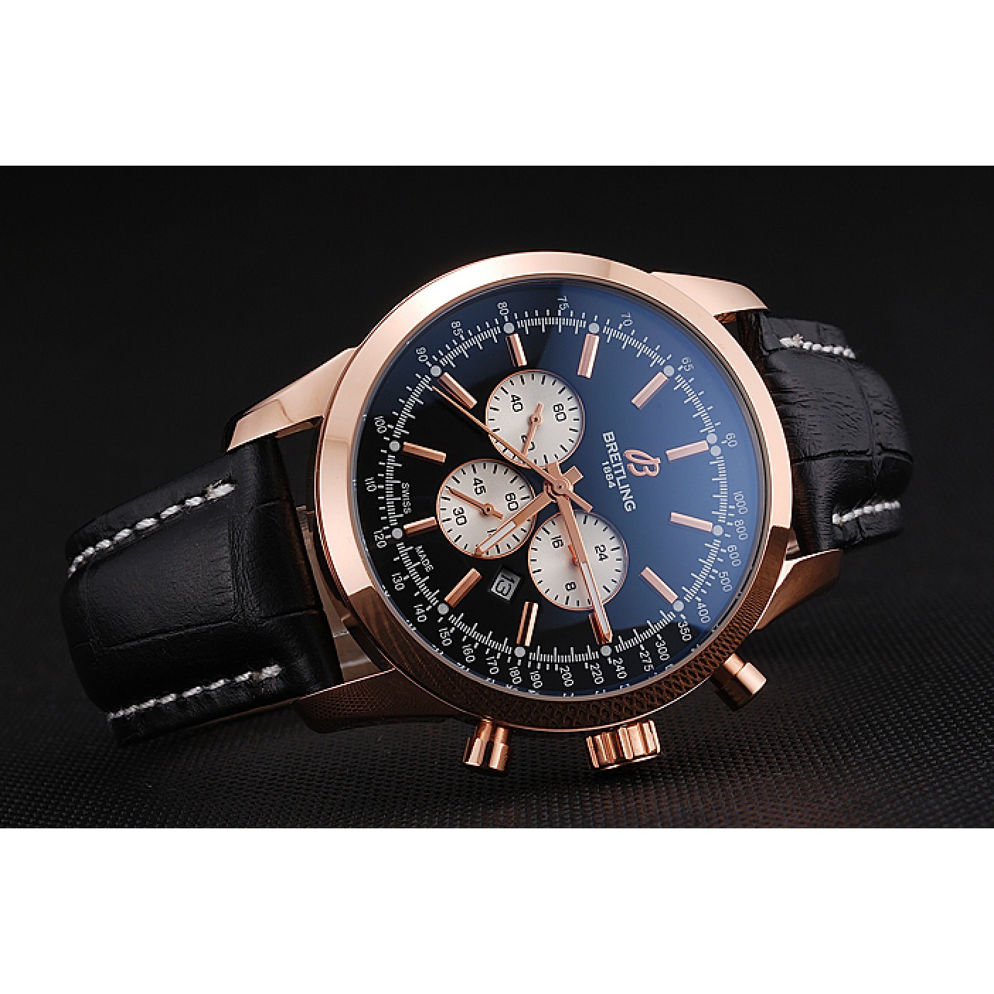 Breitling Transocean Black Dial Black Leather Strap Rose Gold Bezel 98204