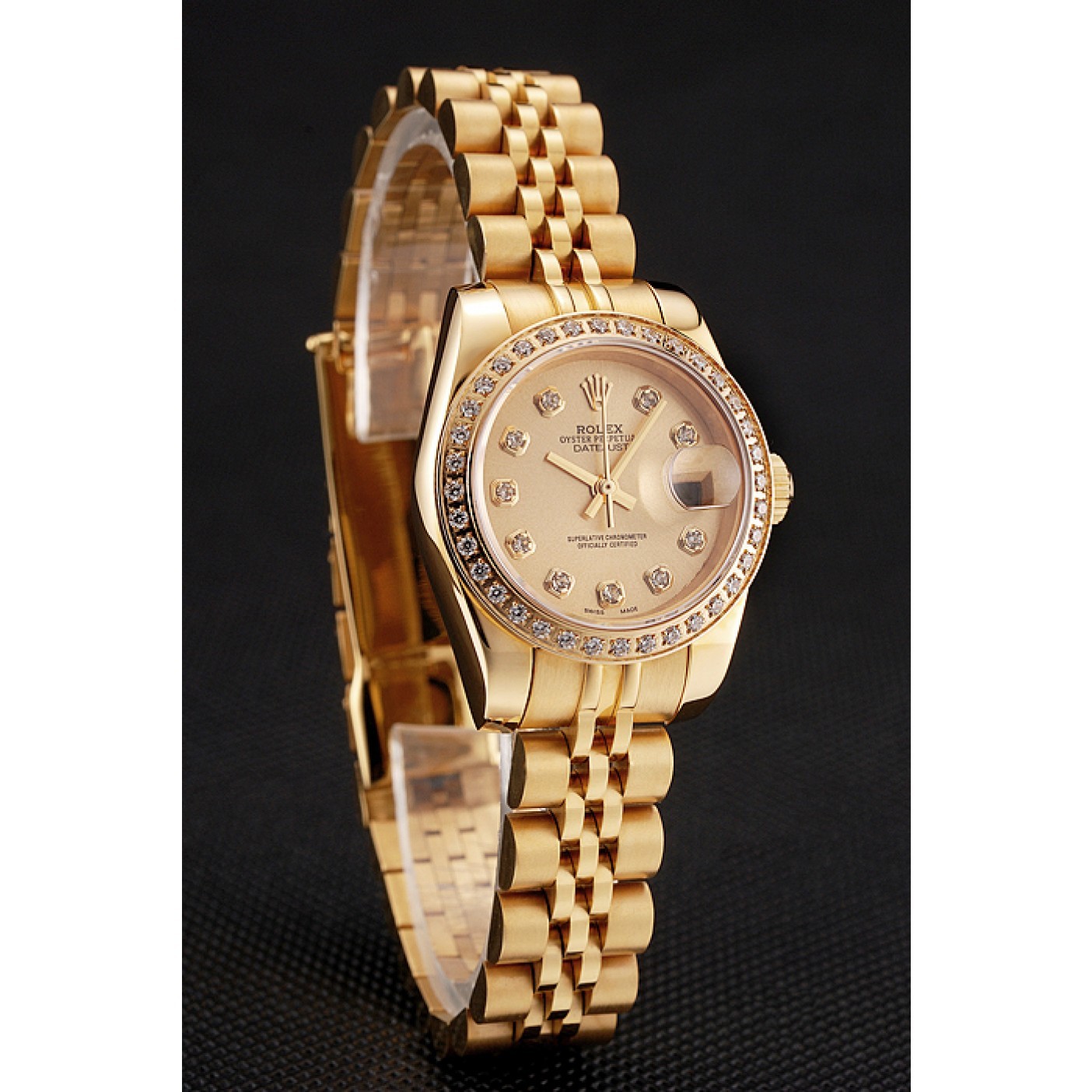 RepTime Watches Swiss Rolex Lady-Datejust Champagne Dial Diamond Bezel Gold Jubilee Bracelet 1454096