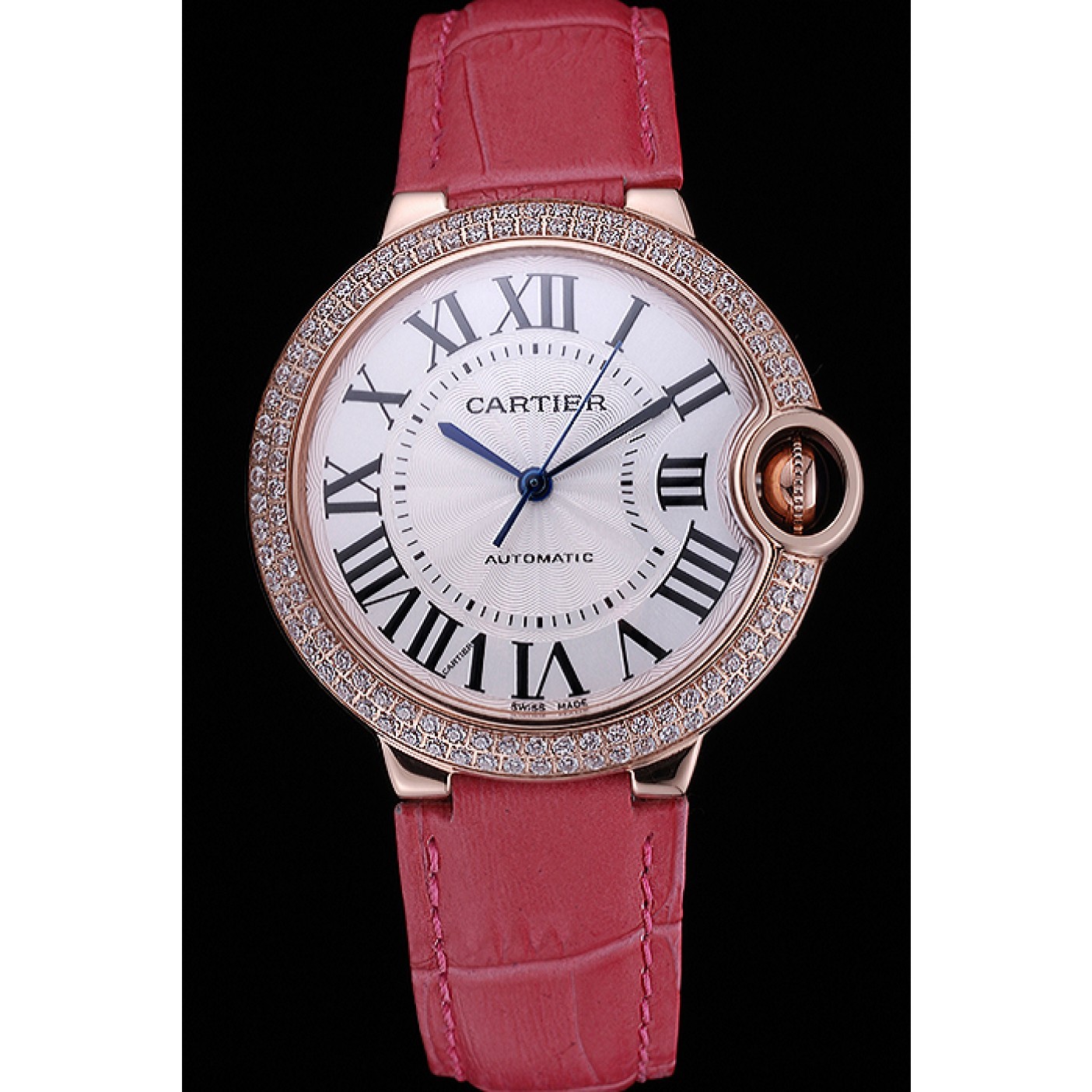 Swiss Cartier Ballon Bleu de Cartier White Dial Diamonds Case Pink Leather Bracelet 622553