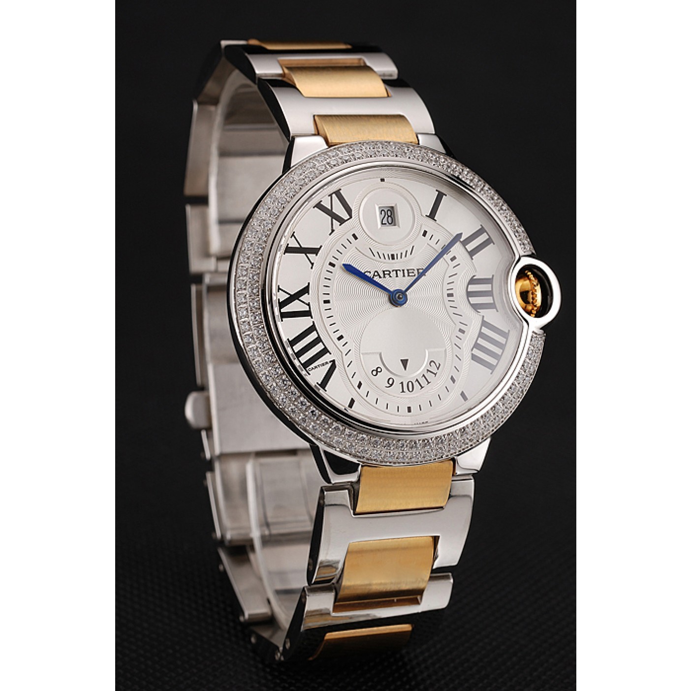 Swiss Cartier Ballon Bleu Two Timezone White Dial Diamond Case Gold And Silver Bracelet 1453876