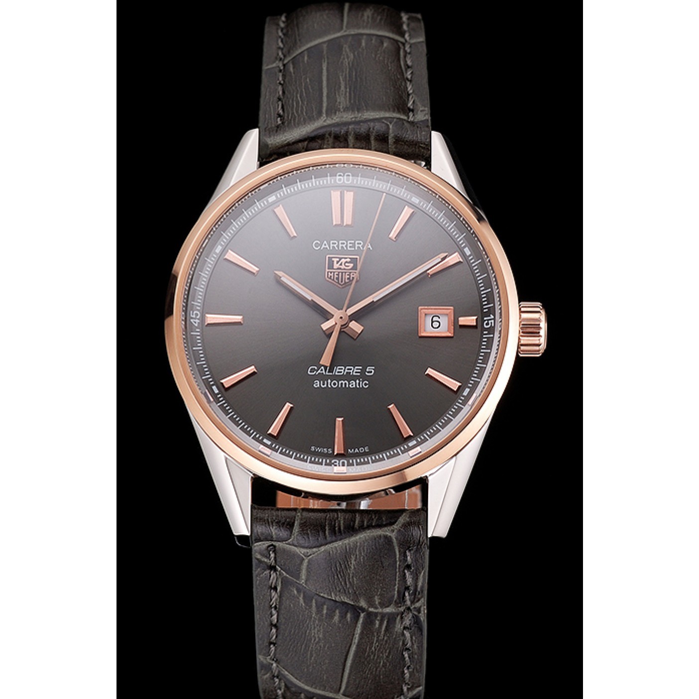 Swiss Tag Heuer Carrera Calibre 5 Gray Dial Rose Gold Case Black Leather Strap