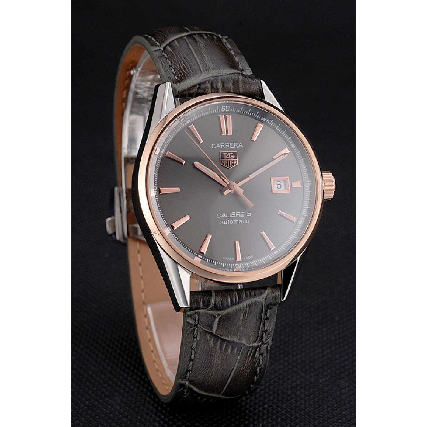 Swiss Tag Heuer Carrera Calibre 5 Gray Dial Rose Gold Case Black Leather Strap