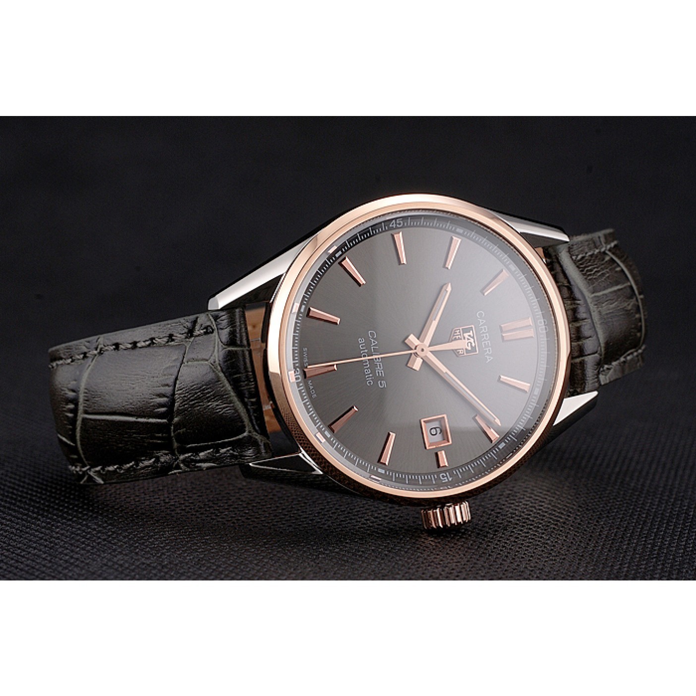 Swiss Tag Heuer Carrera Calibre 5 Gray Dial Rose Gold Case Black Leather Strap